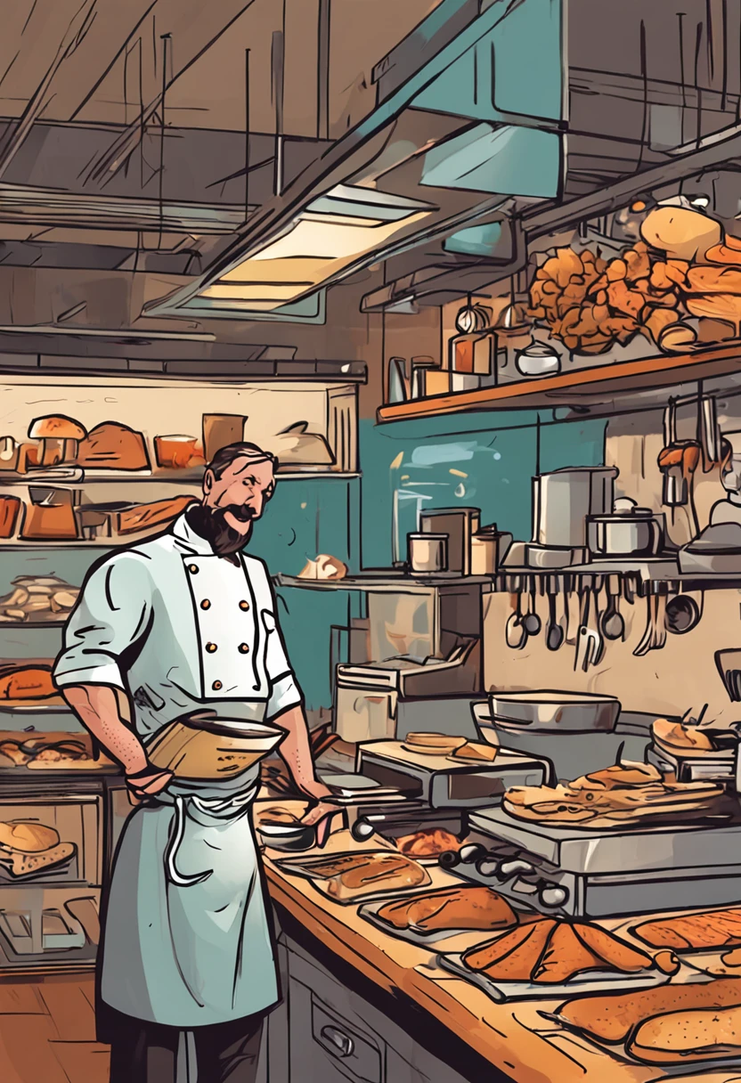 imagine um chef de cozinha trabalhando produzindo lanches em uma cozinha de restaurante, quero que a imagem seja em cartoon