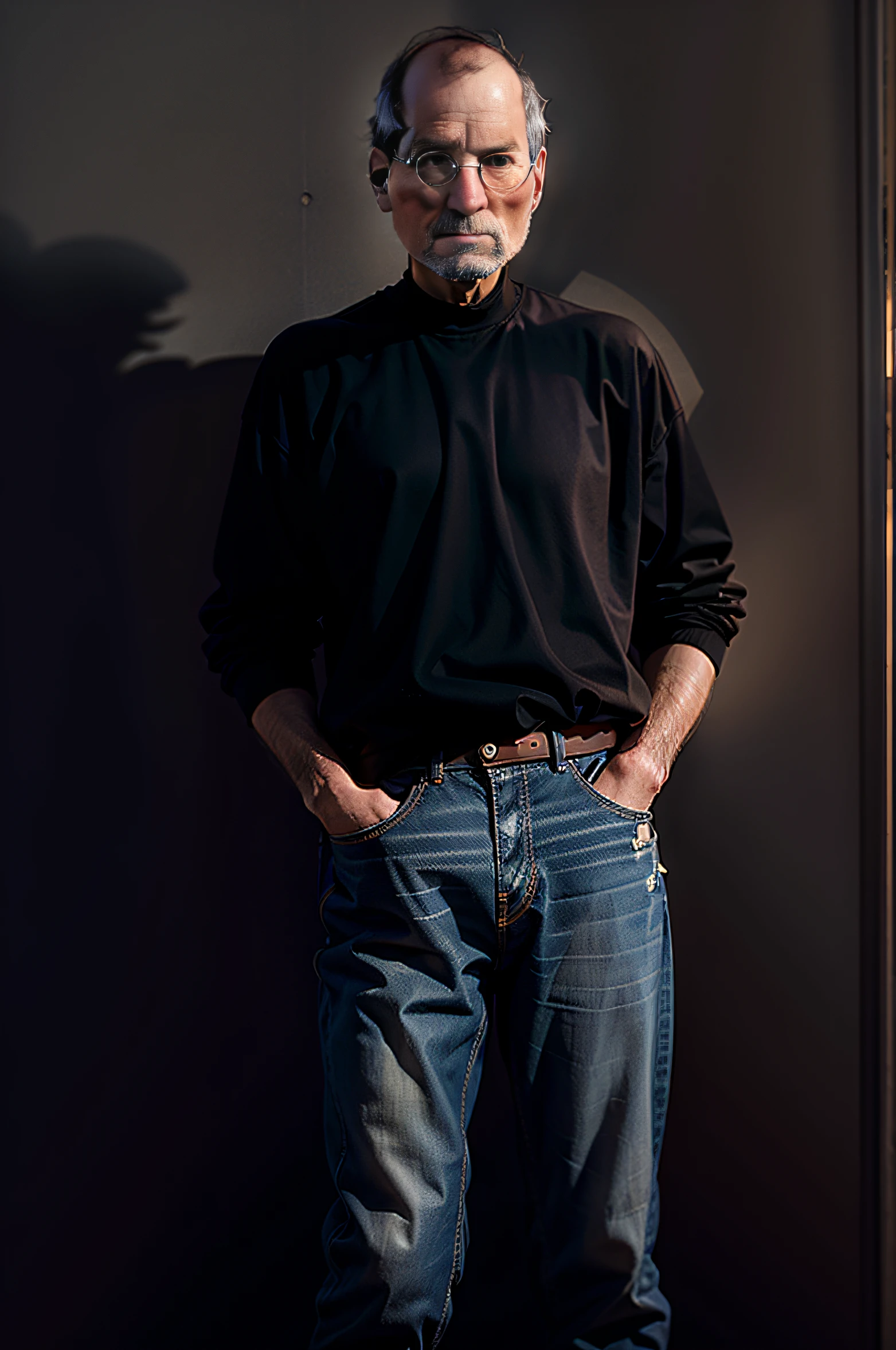 Steve Jobs, looking in a camera, wearing a black golf , wearing jeans standing straight, perfect light, perfect shadows, detailed skin, inspired by Steve Jobs