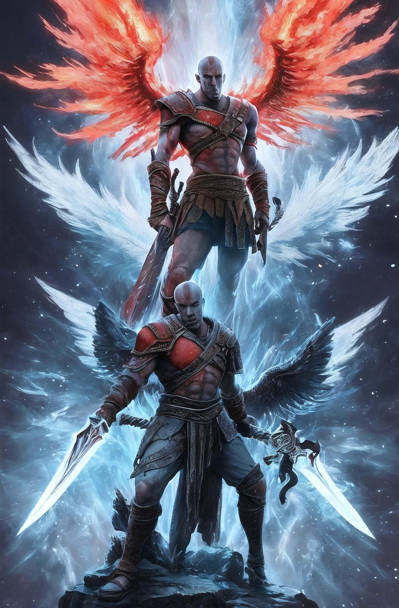 Personification of a God of war with wings on his back holding a sword of fire in his direct hand , Full HD improve quality Anime version Ultra HD 4K