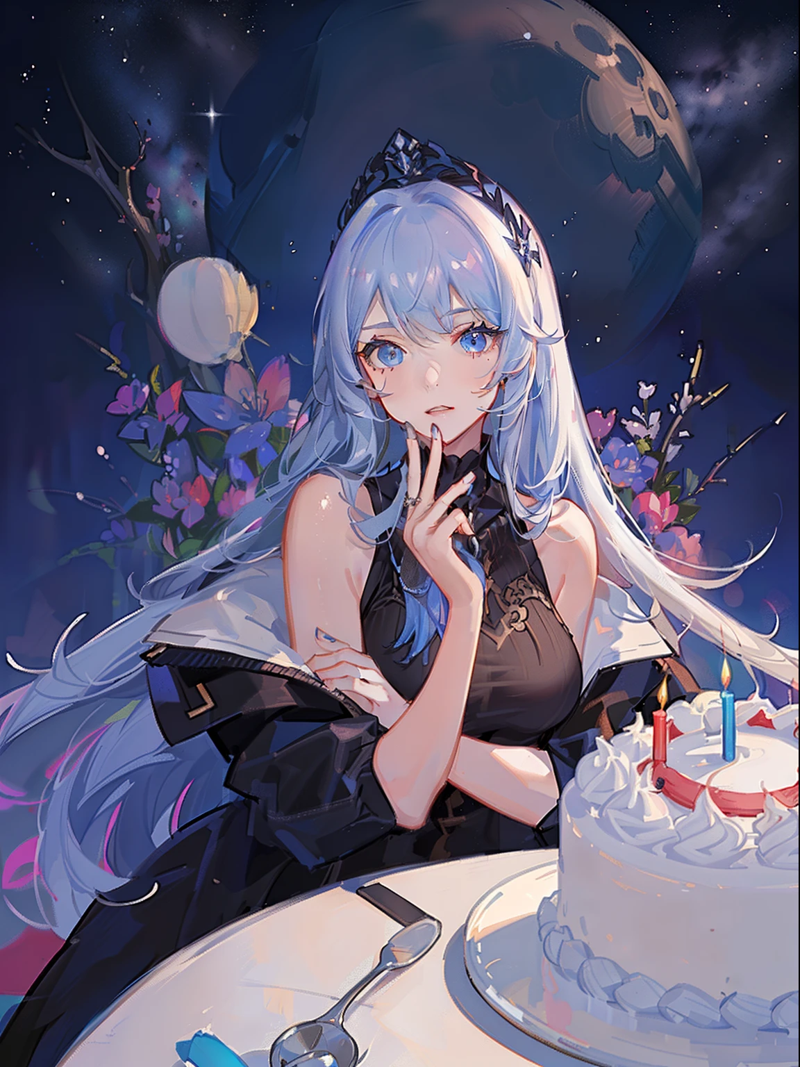 Handsome woman，cabelos preto e longos，Long straight hair，Qi bangs，blue color eyes，celebrating a birthday，The birthday cake，Long jacket，sleeveless tops，Shoulders exposed，orthofacial，A half body