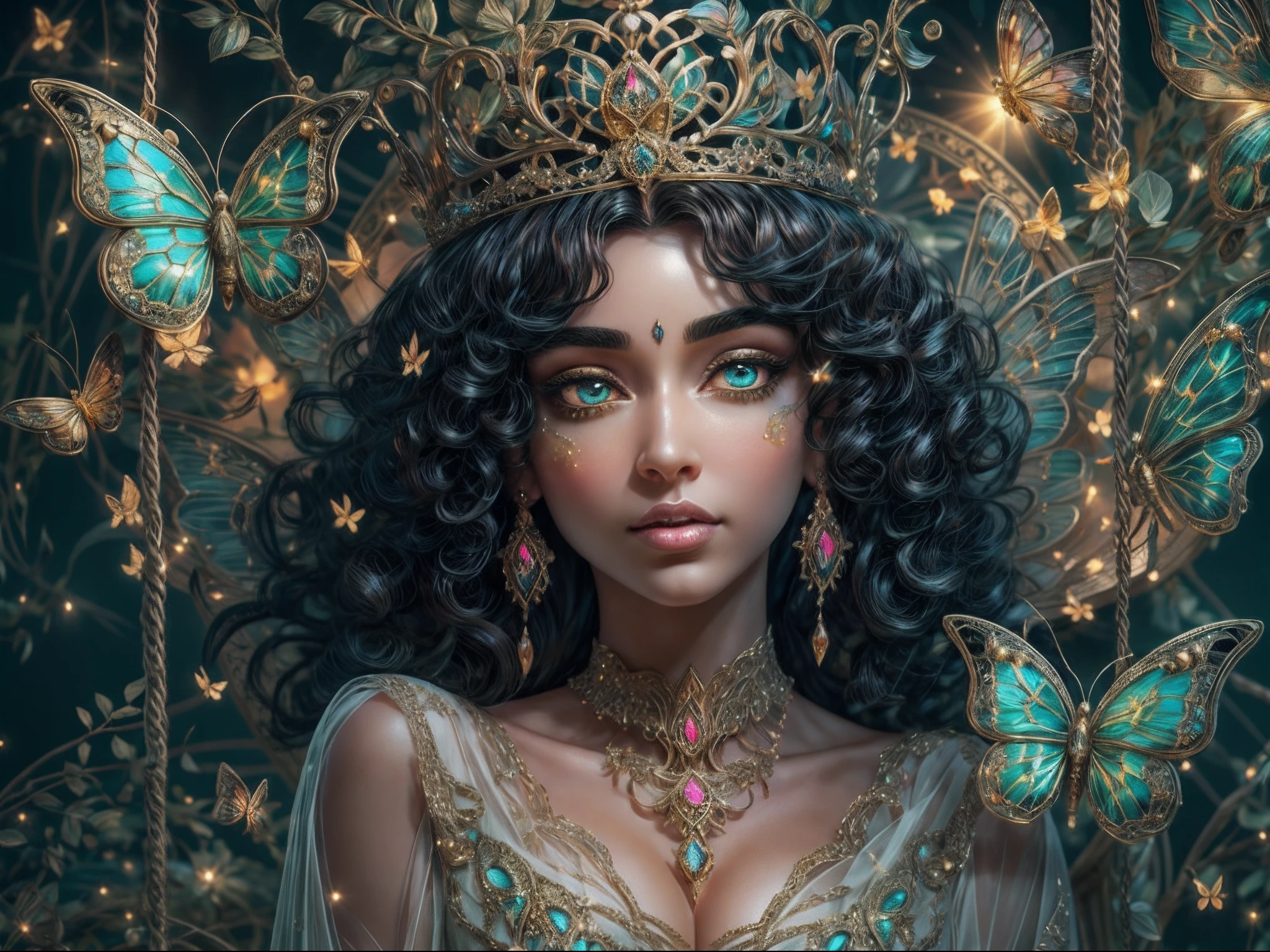 This is a realistic fantasy masterpiece with lots of shimmer, glitter, and intricate ornate detail. Generate one petite woman with a beautiful and delicate crown sitting on a garden swing at night. She is a beautiful and seductive butterfly queen with stunning curly black hair, (((incredibly realistic and ((detailed dynamic eyes in bright colors)) with realistic shading))).  Her skin is translucent white, her eyes sparkle, and her dress is elegant. Her dress is spun of the finest gossamer silk with delicate, intricate, and subtle floral detailing and gold silk butterfly sleeves. Her face is lovely and lonely. Include glow-in-the-dark flowers, lots of particles, highly realistic fantasy butteflies with translucent jewel-toned wings and fine detailing, and glow. The artwork is done in the style of Guviz and brings to mind masters in the genre such as trending fantasy works on Artstation and Midjourney. Camera: Utilize dynamic composition techniques to emphasize etherealness and delicate detail.