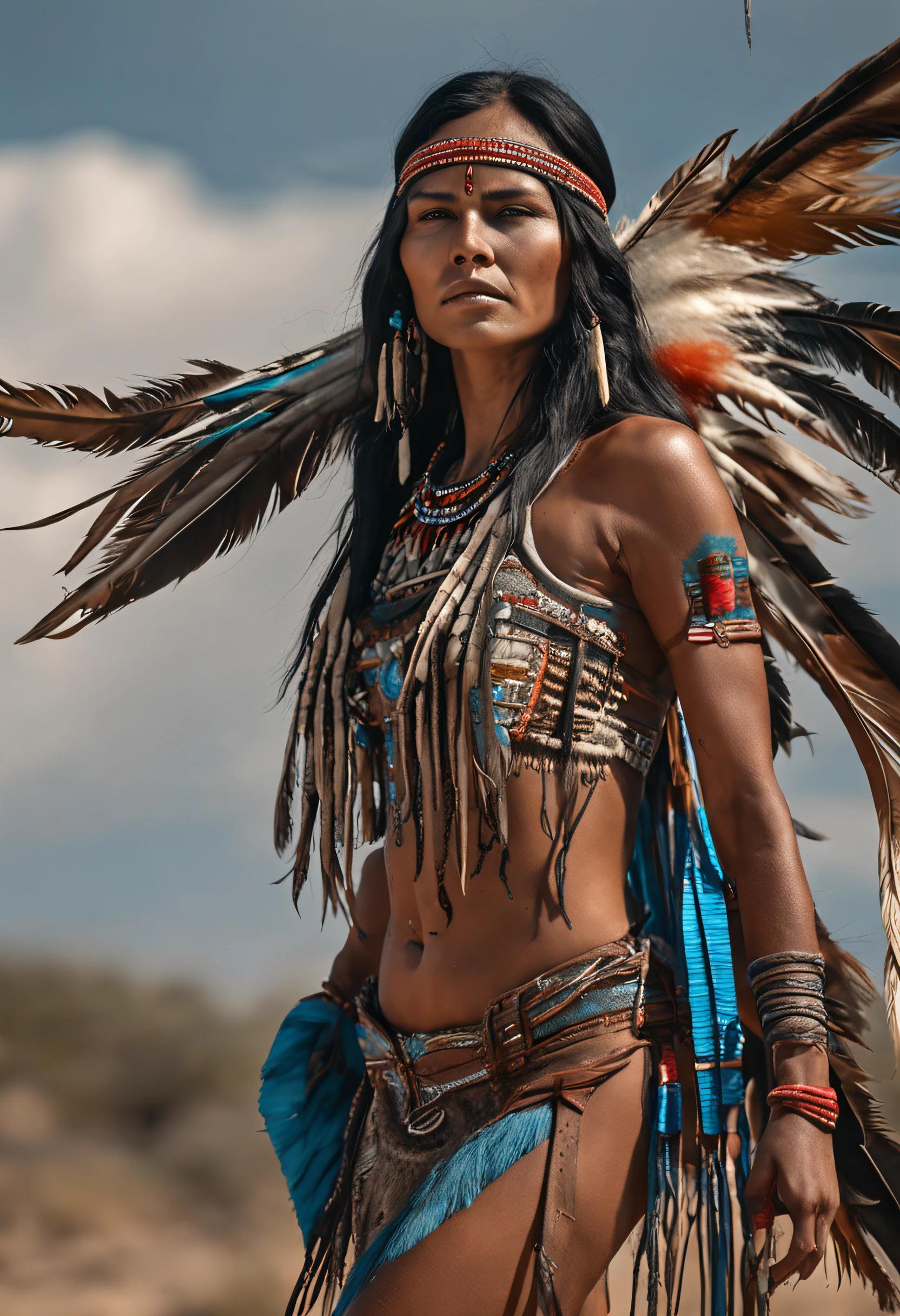 ultra detailed artistic photography, Beautiful Native American Apache female, Mulher Ahsokatano, sabre de luz azul, tee xixi, luar, fogueira, pena, sexy, sonhador, brilhante, retroiluminado, Sombras, oil on the canvas, liso, Ultra High Definition, 8k, Ultra sharp focus, obra-prima de arte intrincada, Fluid clothing, altamente detalhado, vibrante, production cinematic character render, ultra high quality model