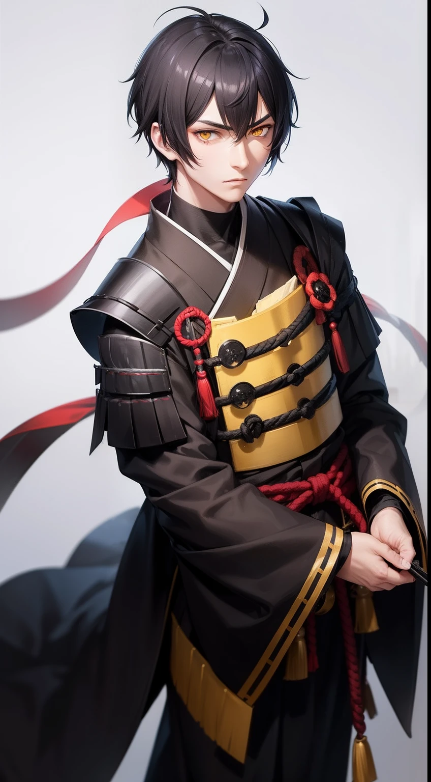 Male with black short hair, yellow eyes, serious but soft face, withsoft smile, wearing traditional kinono, weak, samurai