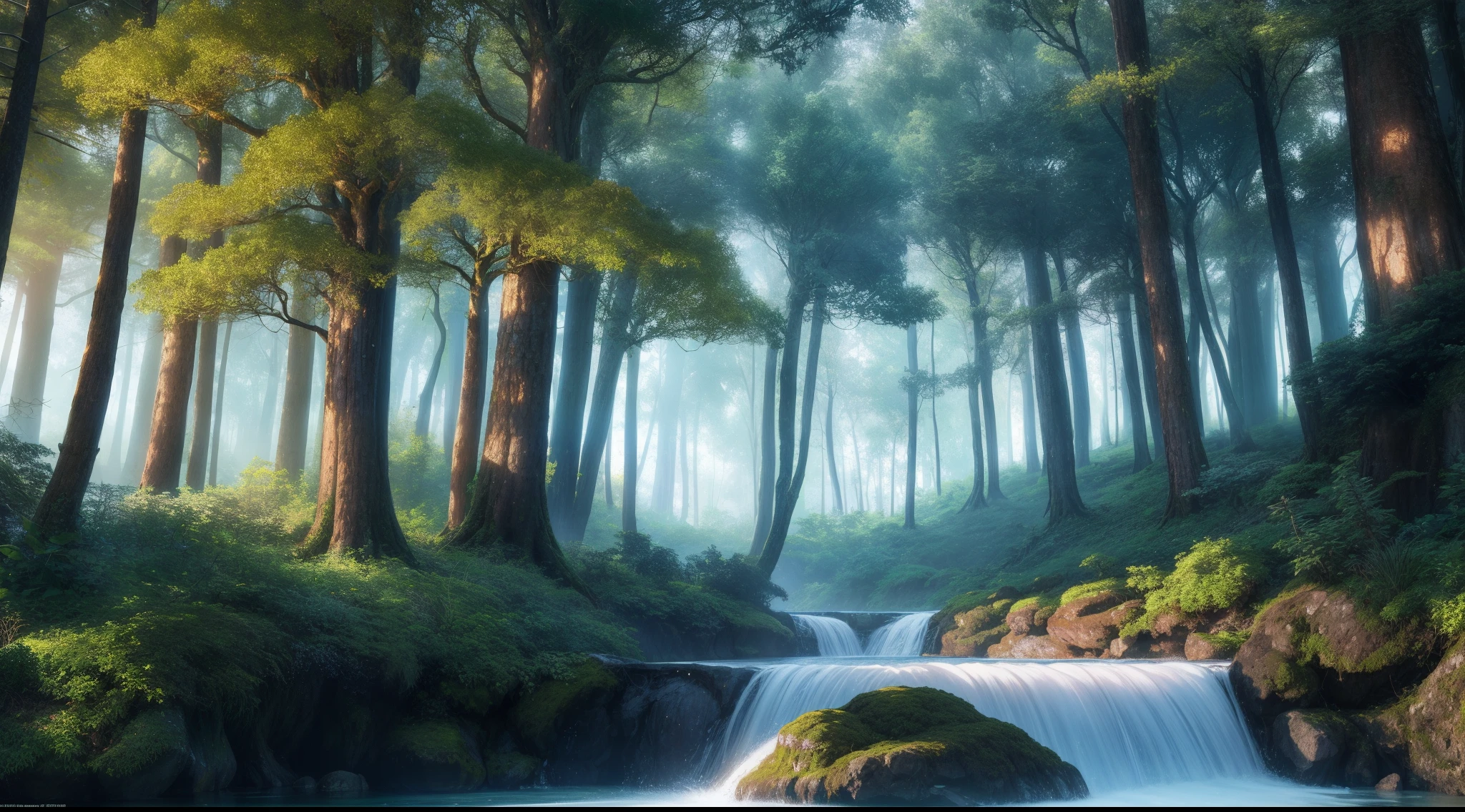 magical forest full of giant and mysterious trees. Trees glow in multiple shimmering colors, emitting charming lights that give the place a magical atmosphere. The branches and trunks overlap to form narrow and intertwined passages, disappearing in the depths of the forest. In the woods there are fairy and strange creatures, such as fairies and charming monsters, where they wander among the trees and add a magical touch to the place. A clear river runs through the forest, where small waterfalls form that make the look calm and refreshing, ((In the morning)), 8k, high quilty, realistic, beautiful realistic, Cool details, raw photo, photo realistic, ultra details, 3d realistic