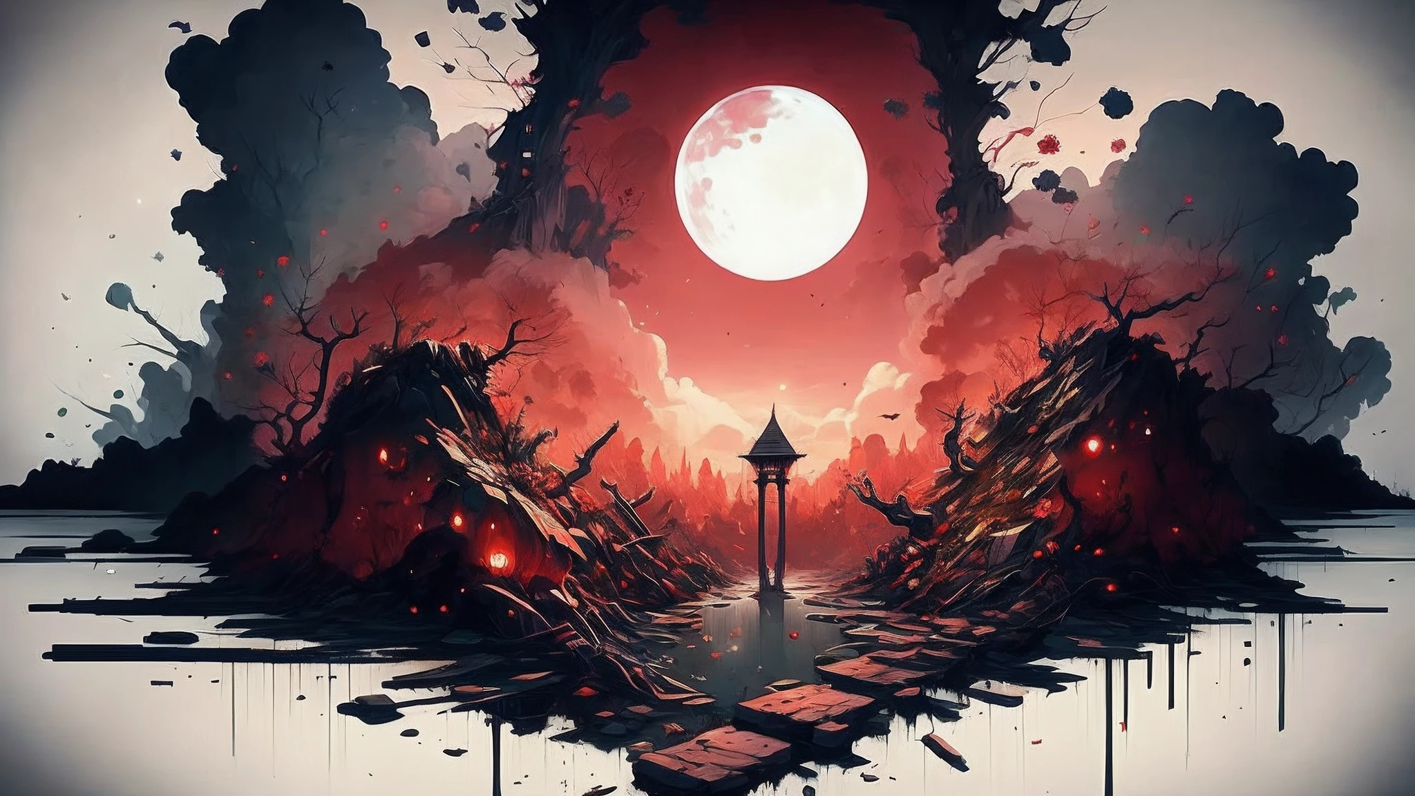 Arafed image of a red sky with a full moon and a tower, Dan Mumford Tom Bagshaw, Cyril Rolando e Goro Fujita, Arte digital altamente detalhada em 4k, No estilo Dan Mumford obra de arte, Dan Mumford. octan render, Dan Mumford. 8K octane rendering, Dan Mumford. maya render, inspirado em Cyril Rolando