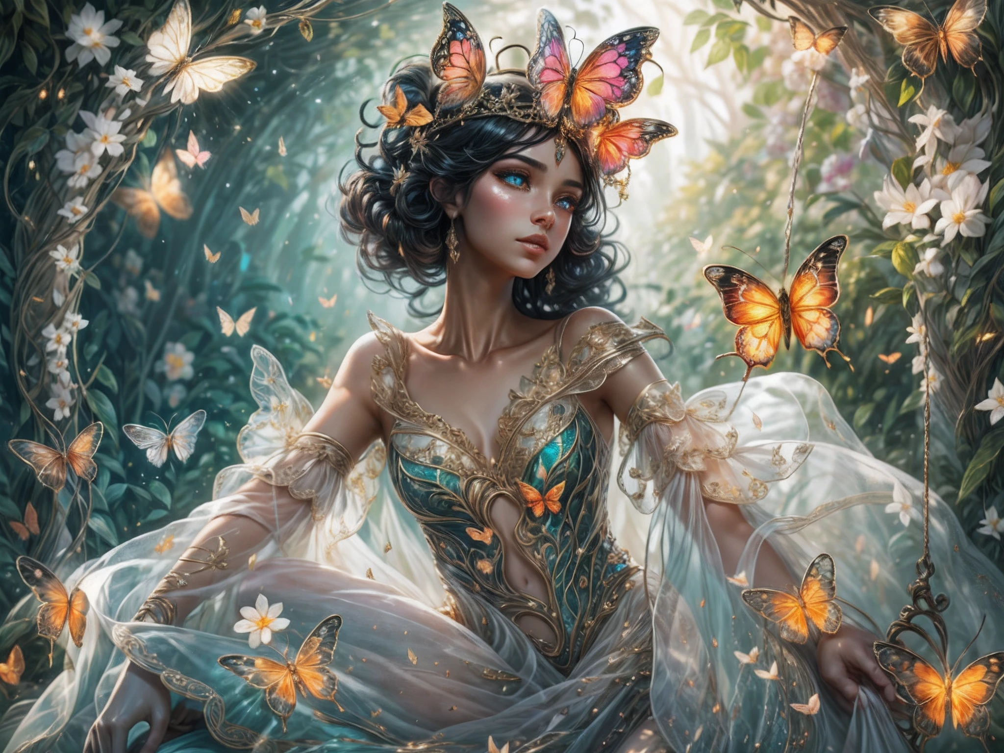 This is a realistic fantasy masterpiece with lots of shimmer, glitter, and intricate ornate detail. Generate one petite woman with a beautiful and delicate crown sitting on a garden swing at night. She is a beautiful and seductive butterfly queen with stunning curly black hair, (((incredibly realistic and detailed dynamic eyes in bright colors with realistic shading))).  Her skin is translucent white, her eyes sparkle, and her dress is elegant. Her dress is spun of the finest gossamer silk with delicate, intricate, and subtle floral detailing and gold silk butterfly sleeves. Her face is lovely and lonely. Include glow-in-the-dark flowers, lots of particles, highly realistic fantasy butteflies with translucent jewel-toned wings and fine detailing, and glow. The artwork is done in the style of Guviz and brings to mind masters in the genre such as trending fantasy works on Artstation and Midjourney. Camera: Utilize dynamic composition techniques to emphasize etherealness and delicate detail.