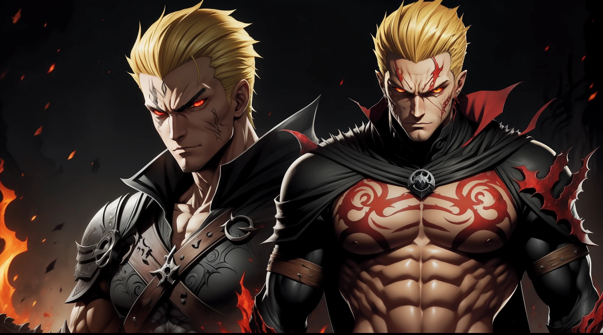 Zoro handsome face blond hair, black fire reflective body, red eyes, alduin, darksiders style, darksiders art style, crazy guts, red sharp eyes, black ancalagon.