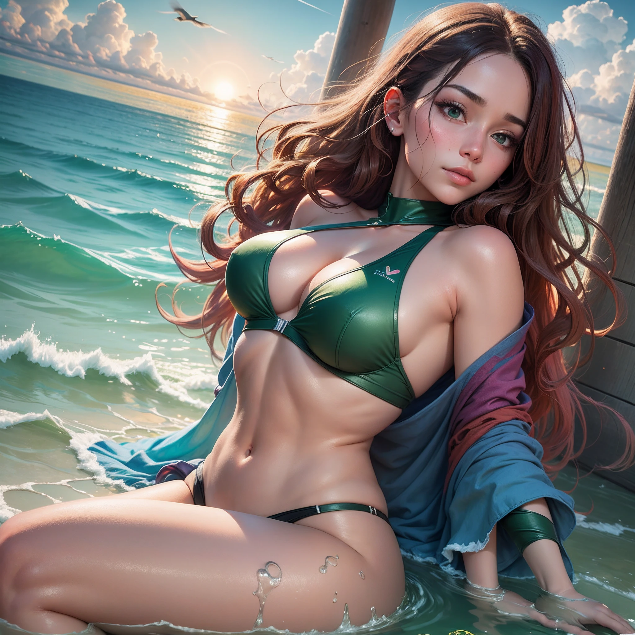 Scene: A serene and expansive beach, where the golden sands meet the gentle embrace of azure waves. The horizon stretches endlessly, only interrupted by the occasional sailboat. The air is filled with the sound of gulls and the distant murmur of conversations, while a gentle breeze carries the salty tang of the ocean.
Character: The female lead, a figure of natural beauty and grace. Her skin glistens with a touch of sea spray, radiating confidence and comfort in her own skin.
Facial Features:
• Hair: Long, vibrant ((red)) hair cascading freely down her back, kissed by the sun and tousled by the breeze.
• Eyes: Mesmerizing ((green)) that reflect the vast expanse of the ocean before her.
• Lips: (((Plump and heart-shaped))), unpainted yet naturally rosy, slightly parted in a relaxed expression.
• Cheekbones: ((High and prominent)), catching the soft sunlight, giving her face a gentle glow.
Physique: Elegantly toned, her form harmonizes perfectly with the surrounding nature. Every movement, whether she’s strolling along the shoreline or simply reclining on her beach mat, exudes an air of tranquility and contentment.
Ambience: The atmosphere is one of mutual respect and acceptance. Nearby beachgoers are engrossed in their own activities - reading, sunbathing, playing beach games, or swimming in the crystal-clear waters.
Expression & Posture: Lost in thought, she gazes out to the horizon, perhaps reminiscing or simply enjoying the moment. Her posture is relaxed and open, a symbol of her comfort and acceptance of both herself and the environment around her. --auto --s2