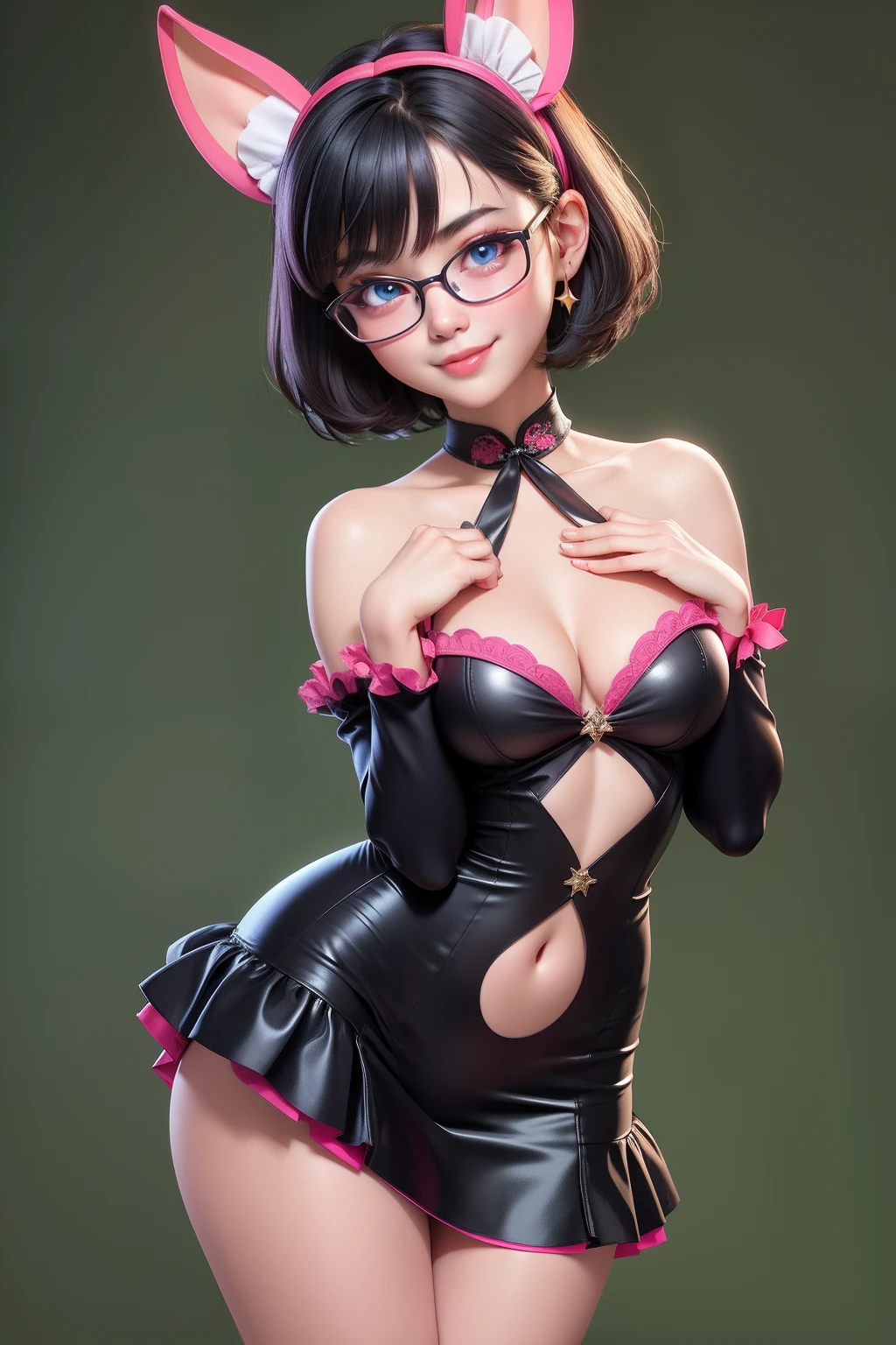 1girl, cute chinese girl, big eyes, sensual face, seductive smile, solo, stylist short hair, see through, open erotic maid dress, navel, detailed pattern on dress, neon blue eyes, double eyelids, pink perfect areolae, bunny ears headband, collar, collarbone, red sensual lips, off shoulder, perfect round breast, small breast, cleavage, show her underboobs, erotic, nsfw, glasses, blush, seductive smile, cute face, looking at viewer, sexy pose, bright green flat background, dark black hair, simple background, sexy pose, lips, closed mouth, ribbon, hair ribbon, stellar earings, bangs, upper body, parted bangs, red ribbon