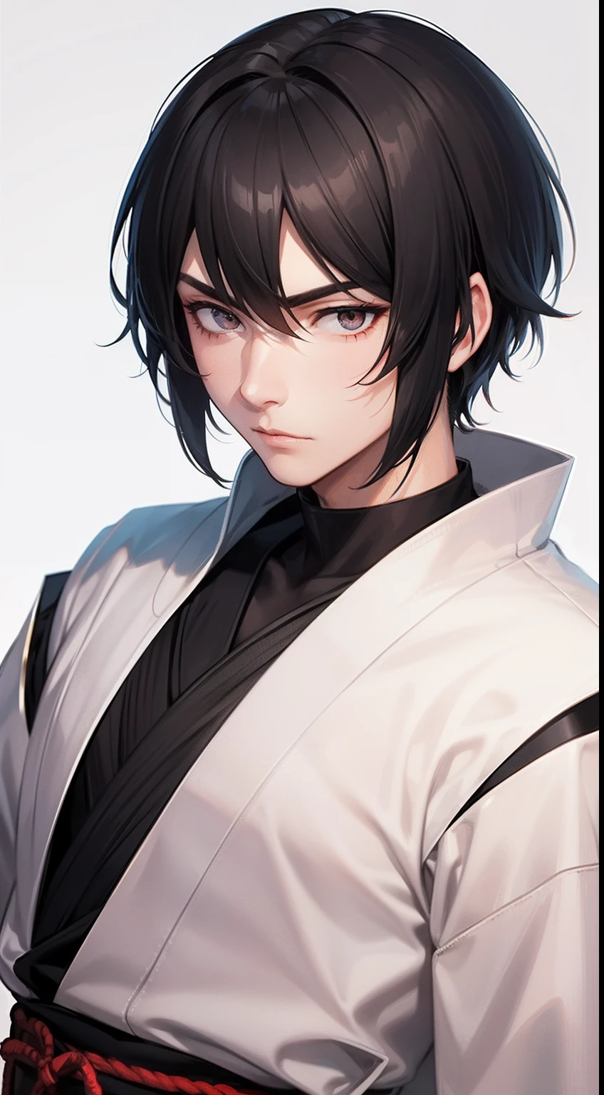Male with black short hair, white eyes, serious but soft face, withsoft smile, wearing traditional kinono, weak, samurai