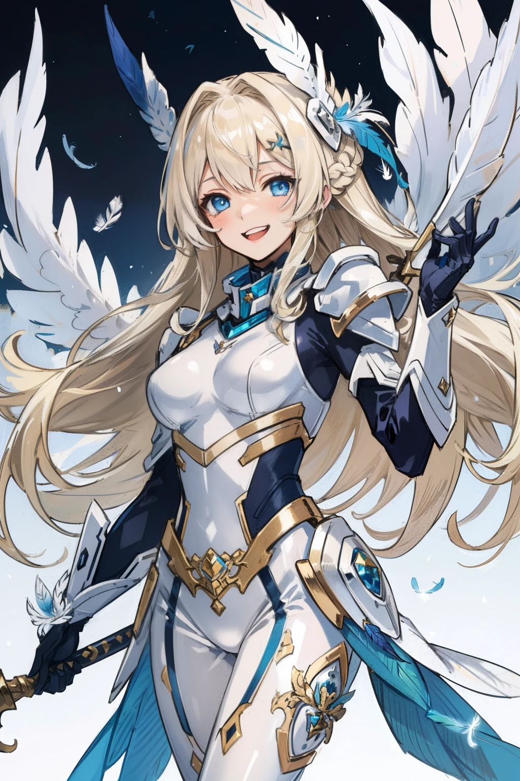 (​master piece, Best Quality),  Intricate details, valkyrie, kawaii, Happy, (((Laugh))), Villainous smile, Hand up, Looking at Viewer, Feather Headgear, Flower meadow, 
1 girl in, Solo, Portrait, Tentacle Plutinum Blonde Hair, drooping iceblue eyes, Silver Single Thigh, White Independent Single Sleeve, gloves, Single braid, 
 mecha musume, White bodysuit, Silver Reinforced Suit, (((Mini Feather Wing))), silver pantyhose, full armor, flower decoration, equip sword,