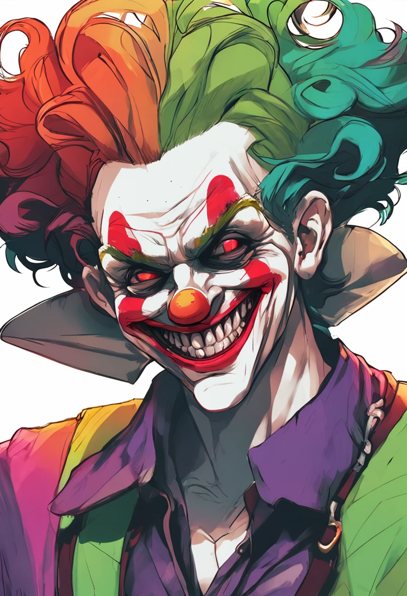 Clown Avatar,head close-up,Only the head and shoulder positions are shown,homem,Wallpapers,Anime menino bonito,pan,cabelos verdes,Cabelo de cor roxa,Hair has gradient color,Terno Preto,Backgrounid branco,Red round clown nose,Clown mouth,nariz bonito,queixo pontiagudo,Alunos do Azure,sorriso,jovem