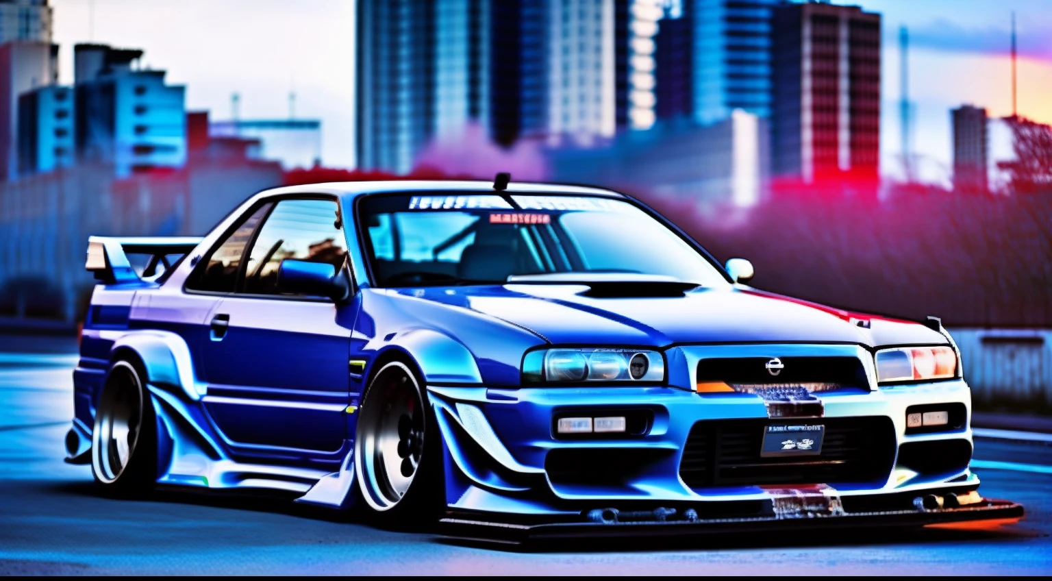 Nissan skyline R34, neon city, blue colour, modified