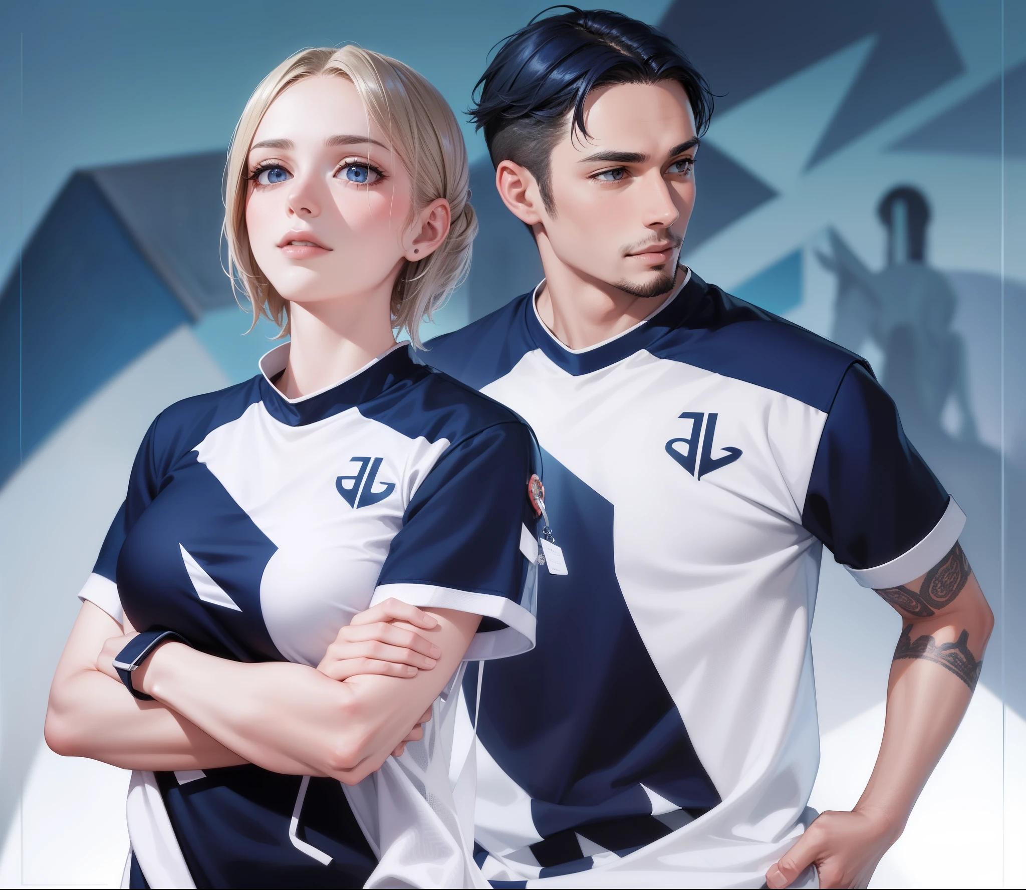 2 people, woman and man, Attractive profile picture, masterpiece, ultra-precise rendering, beautiful and cool young woman, trustworthy, dependable young woman, savior of the world, simple design, most beautiful image, 4K, blue black hair, beautiful woman, handsome man, facial hair, beautiful smile, woman short hair