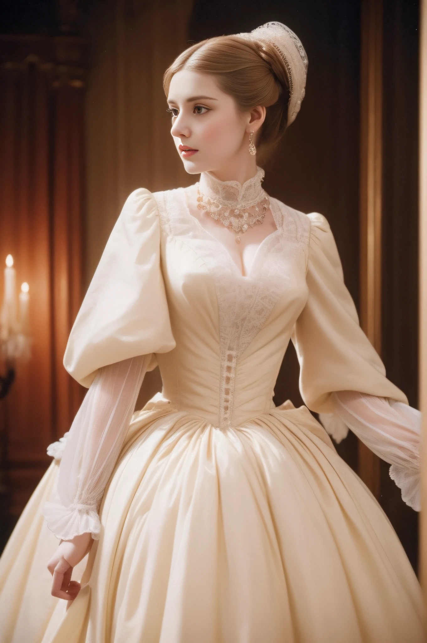 Beautiful woman in mid-shot, French, 24 years old, (Pale:1.3) skin, empress, Blonde straight hair in bun hairstyle, big eyelashes, self-assured, Serious, haughty, Sands Makeup, Beautiful body, Intricate dresses of the Victorian era, in the palace, Victorian Age