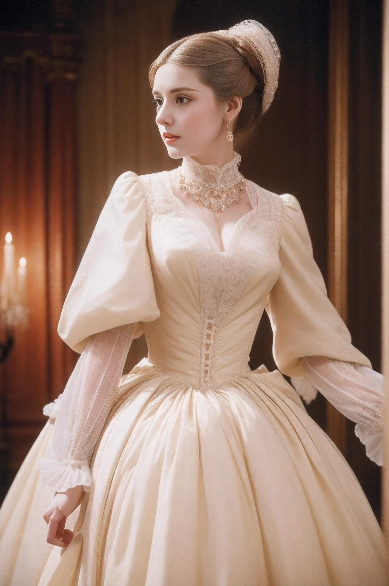 Beautiful woman in mid-shot, French, 24 years old, (Pale:1.3) skin, empress, Blonde straight hair in bun hairstyle, big eyelashes, self-assured, Serious, haughty, Sands Makeup, Beautiful body, Intricate dresses of the Victorian era, in the palace, Victorian Age