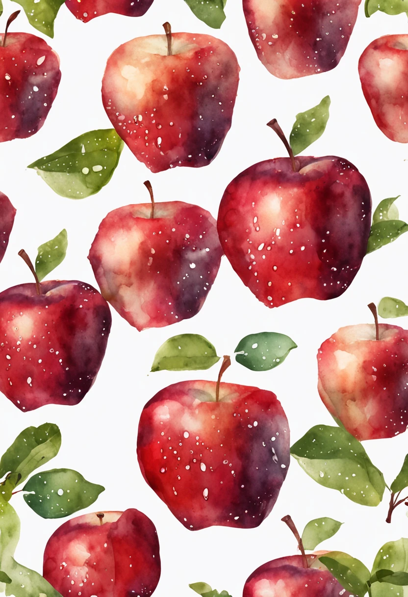 Red apple with water drops, Watercolor, white background