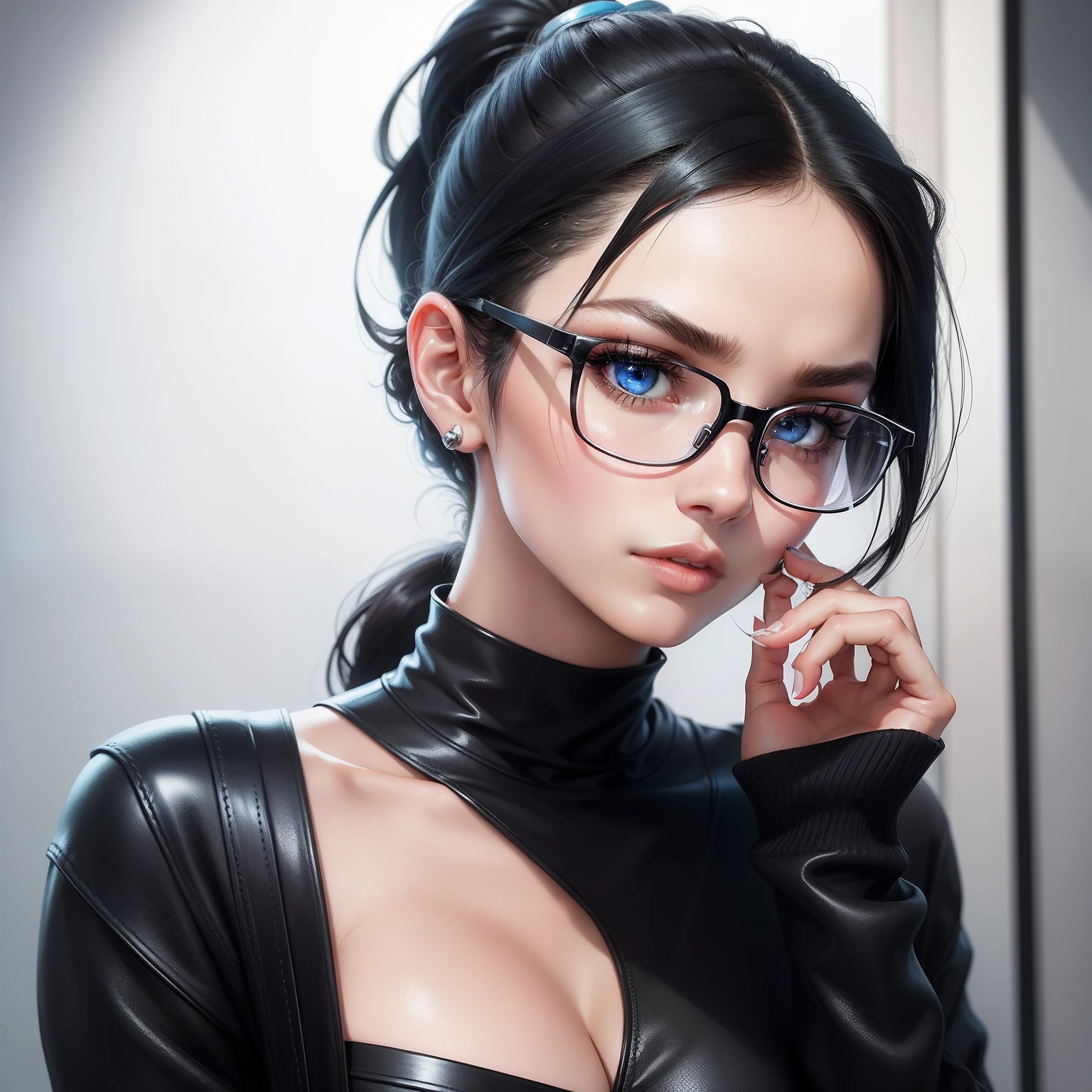 （（（Perfect figure，figure，solo，（ll））），，（（（black robes, sash, hakama skirt, maid dress ））） （（（I did it, folded ponytail，glasses, ））），((masterpiece)),high resolution, ((Best quality at best))，masterpiece，quality，Best quality，（（（ Exquisite facial features,(（（Lol，confidence, wide hips, fully clothed））)，））），型figure:1.7））），（（（Light and shadow，Huge breasts））），（（（Looking from the back，black background )))