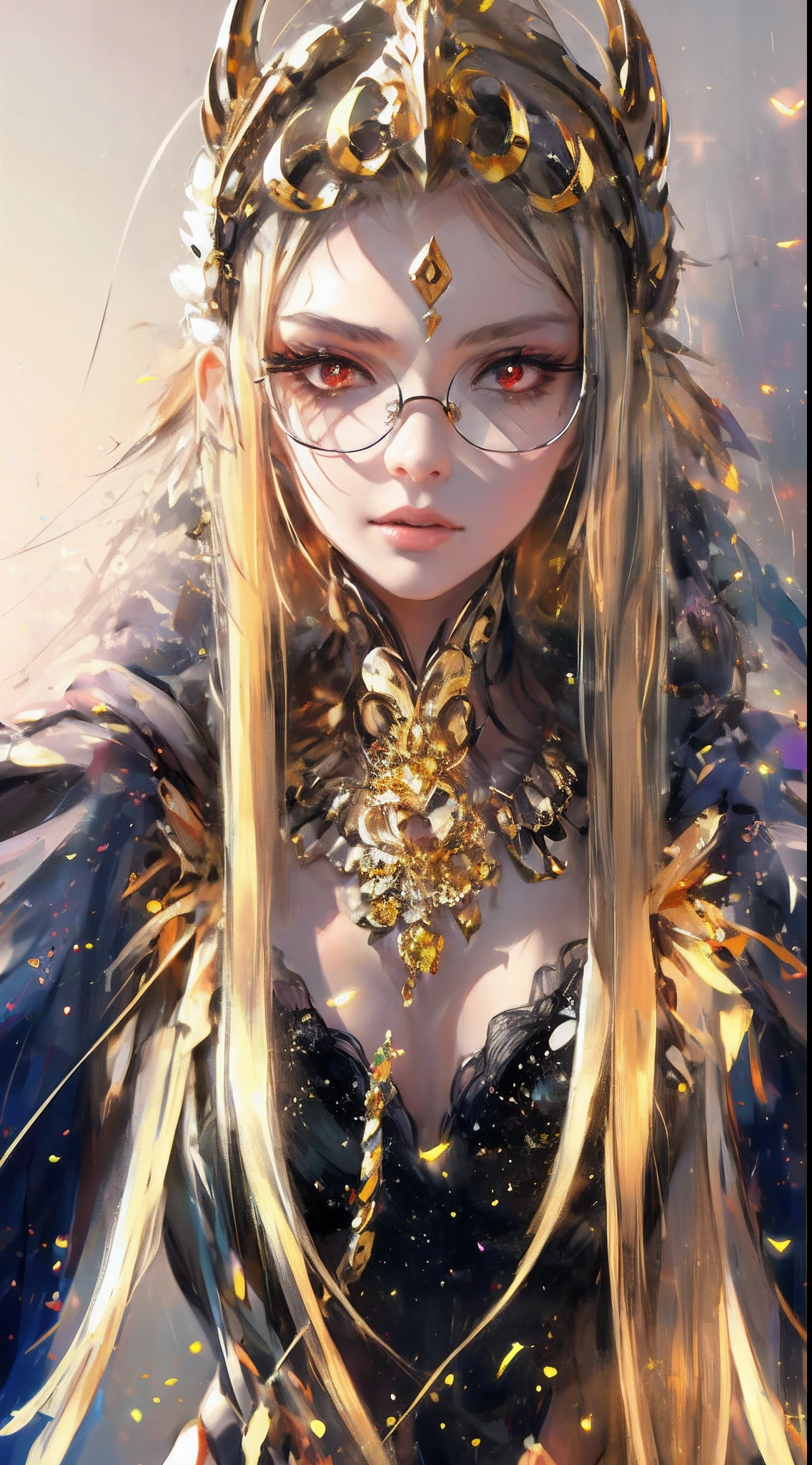 （Blonde hair 1。3 Lots of hair1。3 Detailed hair 1。2）,（Big red eyes+gold-wire glasses:1.2+Intellectual beauty:1.1),"Crystal lines shimmer on the forehead"，femele，Delicate depiction of skin，The gold-tone metal dragon-shaped headdress is clearly patterned。