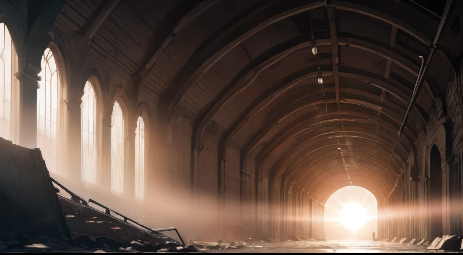 High quality, High resolution, Extreme Detail, No person, feeling of despair, Decadent, Underground space, In the darkness、Some sun rays,