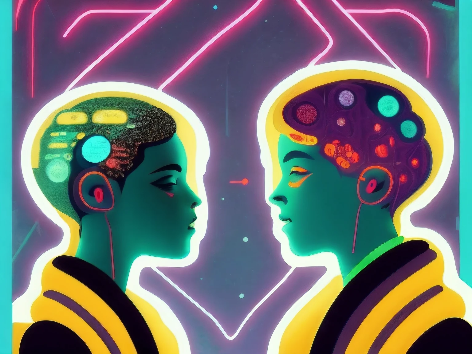 An illustration of two people talking, with thoughts above the head, cores neon por Kilian Eng