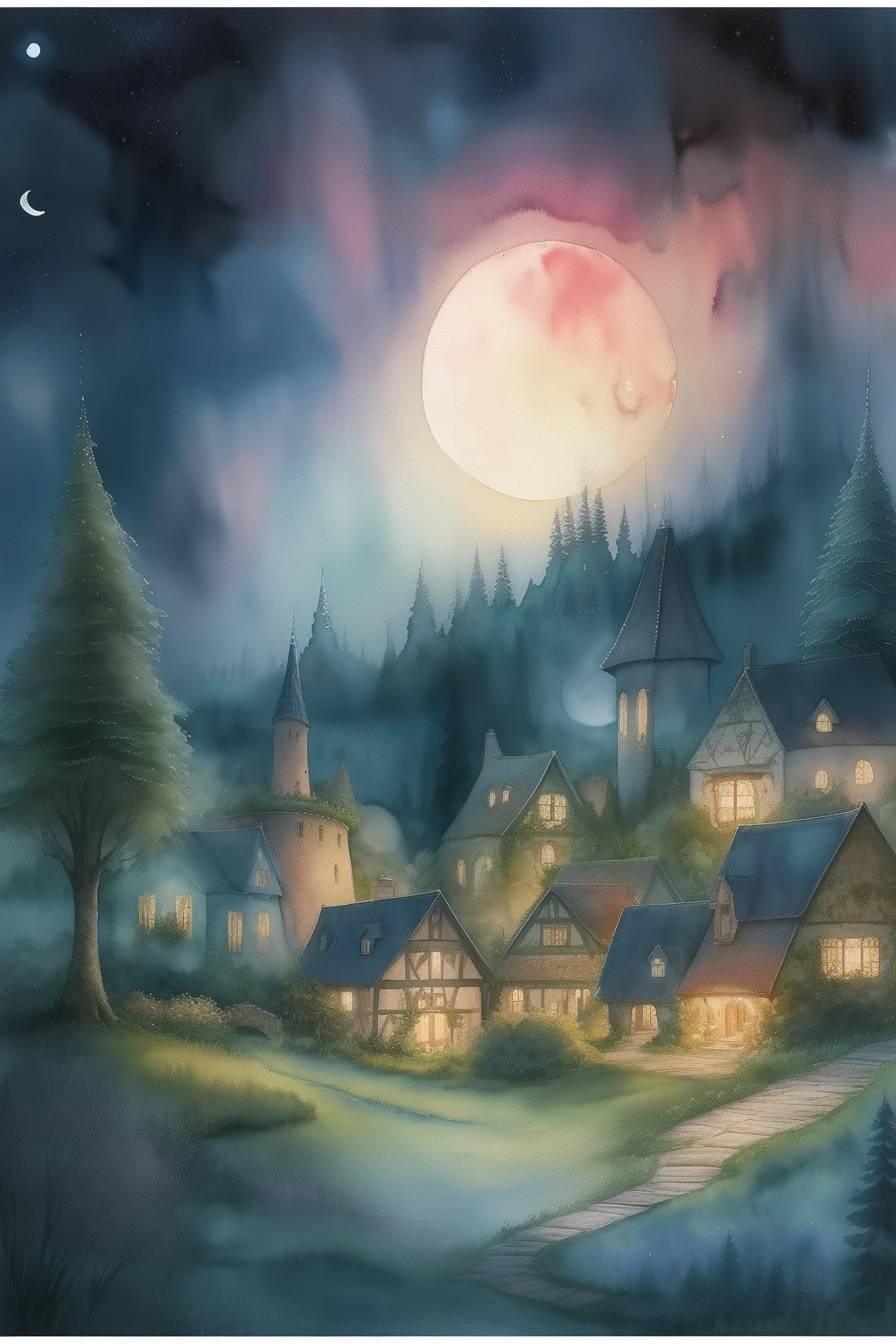 Watercolor style painting of a beautiful village in the middle of an enchanted forest on a magical night with a waning moon.