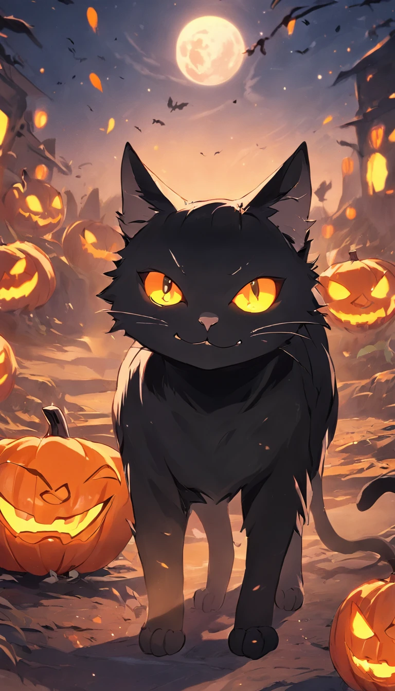Animal black cat with big yellow eyes, smile, halloween pumpkins, full moon