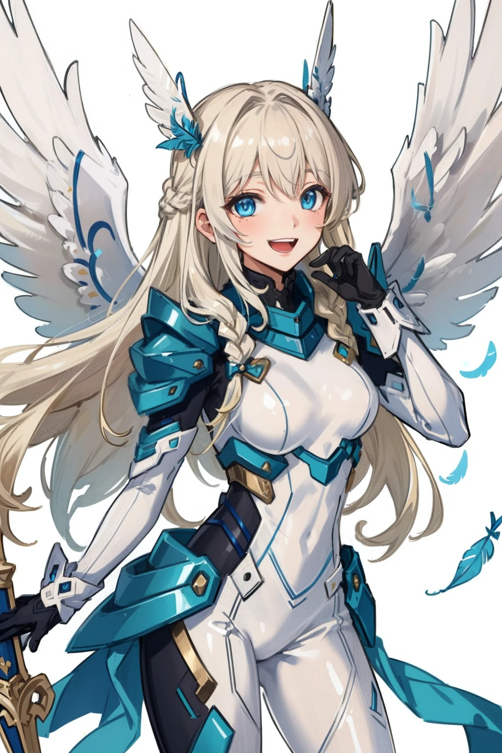 (master piece, Best Quality), Intricate details, valkyrie, kawaii, Happy, (((Laugh))), Villainous smile, Hand up, Looking at Viewer, Feather Headgear, Flower meadow,
1 girl in, Solo, Portrait, Tentacle Plutinum Blonde Hair, drooping iceblue eyes, Silver Single Thigh, White Independent Single Sleeve, gloves, braid,
mecha musume, White bodysuit, Silver Reinforced Suit, (((Mini Feather Wings))), silver pantyhose, full armor, flower decoration, equip sword,