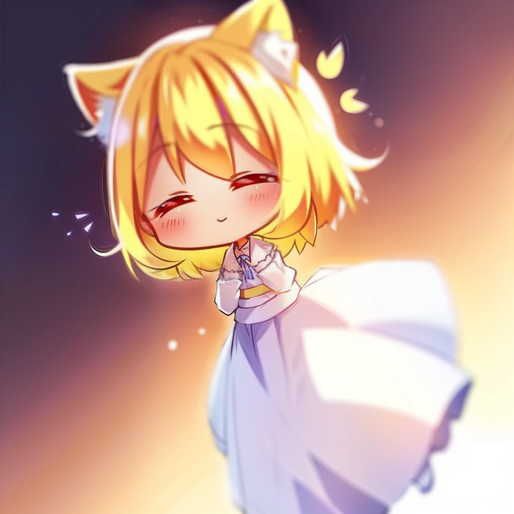 Masterpiece, Detailed, Soft lighting,White background, Simple background,a white long skirt,Lace edges,White stockings,one-girl,Girl child,chiquita,The upper part of the body,(laughingly:1.1),(opens his eyes wide:1.2),strong lights,Background bokeh,depth of fields,blur backgroun,light particules,strong winds, (Heart particles:1.1),(Shining),focus onface,Yellow hair,medium lenght hair,cat ear,a white long skirt,adolable,Be red in the face,is shy,flatchest,