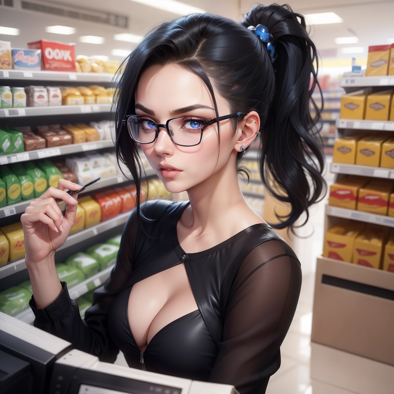 y, beautiful woman, 19 years old, black hair, ponytail hairstyle, glasses, big beautiful blue eyes, small face, big cheekbones, sharp jawline, black nose stud, big lips, seductive, black clothes, shop background, beautiful figure, 4k, high definition, lots of detail, white, pale, eye contact, realistic, in grocery store