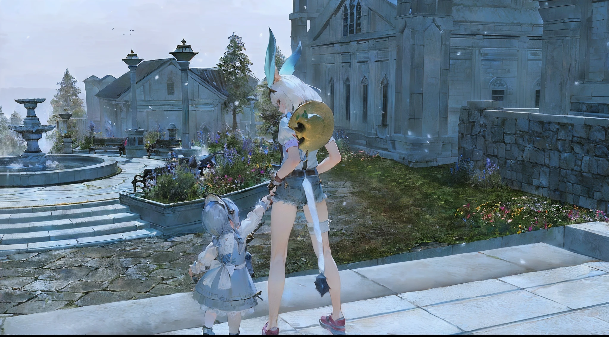 Anime - stylized images of women and children in front of the castle, lalafell, tranding on pxiv, final fantasy 1 4 screenshot, final fantasy 14 style, final fantasy 1 4, Final Fantasy XIV, ffxiv heavensward, ffxiv, With a , One blue ) , with leviathan axe