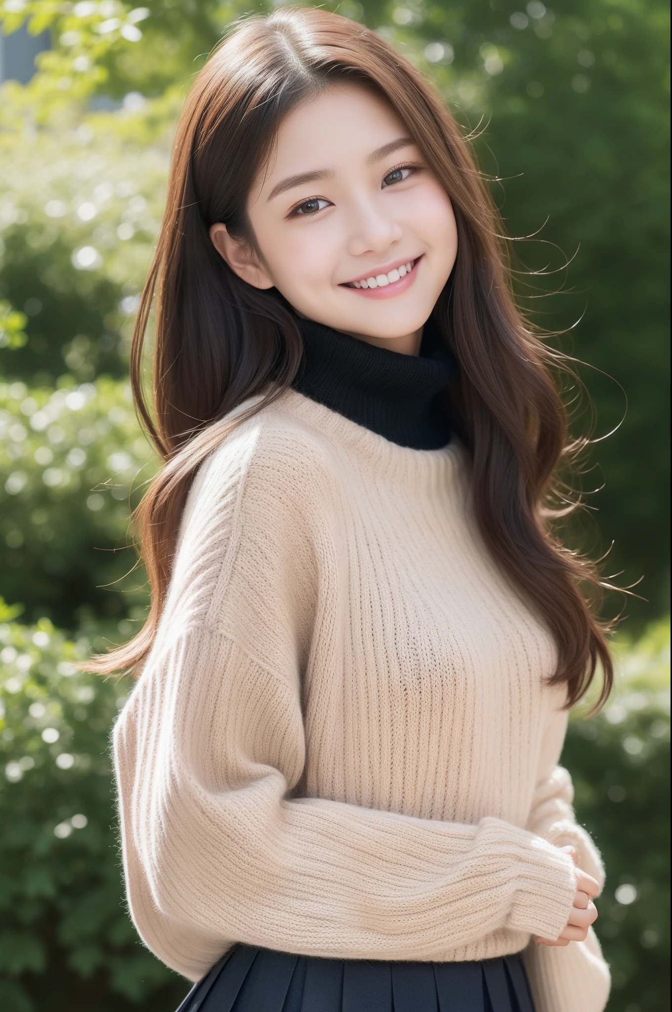 knit、turtle neck、Korea person、bobhair、Brown hair、Cat face、Oku Duplex、At the tip of the nose、Soft lips、Height 158cm、D-cups、Knitted clothes、Black skirt、full body Esbian、Skinny Legs、4K high image quality、Kim Min-ju、A smile、The background is a park、hi-school girl、High school students、a 、Young Face