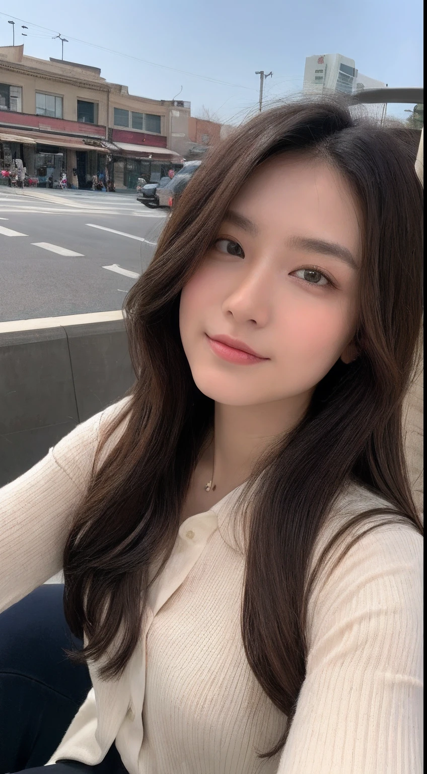 (top-quality、hight resolution、masterpiece:1.3)、A tall and pretty woman、Slender abs、Dark brown hair styled in loose waves、breastsout、White button-up shirt、Black pleated skirt、(Modern architecture in background)、Details exquisitely rendered in the face and skin texture、A detailed eye、二重まぶた、full bodyesbian、a bar counter、cheers
