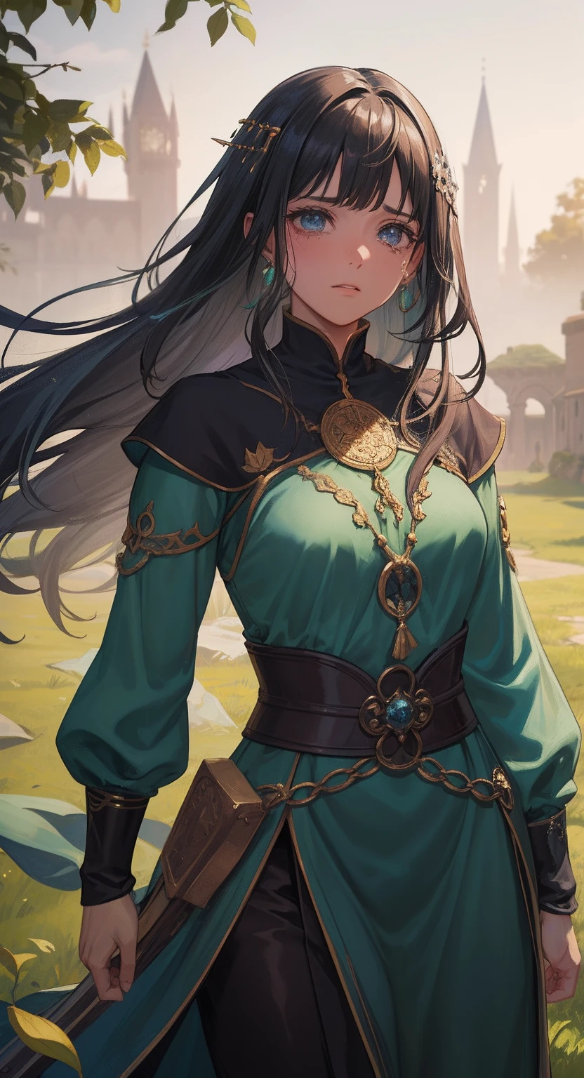 Uma mulher bonita com olhos verdes e cabelos castanhos, She is a sorceress wearing noble robes, Um olhar triste, she is crying, Detailed tears. ((Rosto focado)) Um fundo cheio de magia Uma arte para um RPG Uma arte medieval para RPG ((obra prima)) ((jovem de 40 anos))