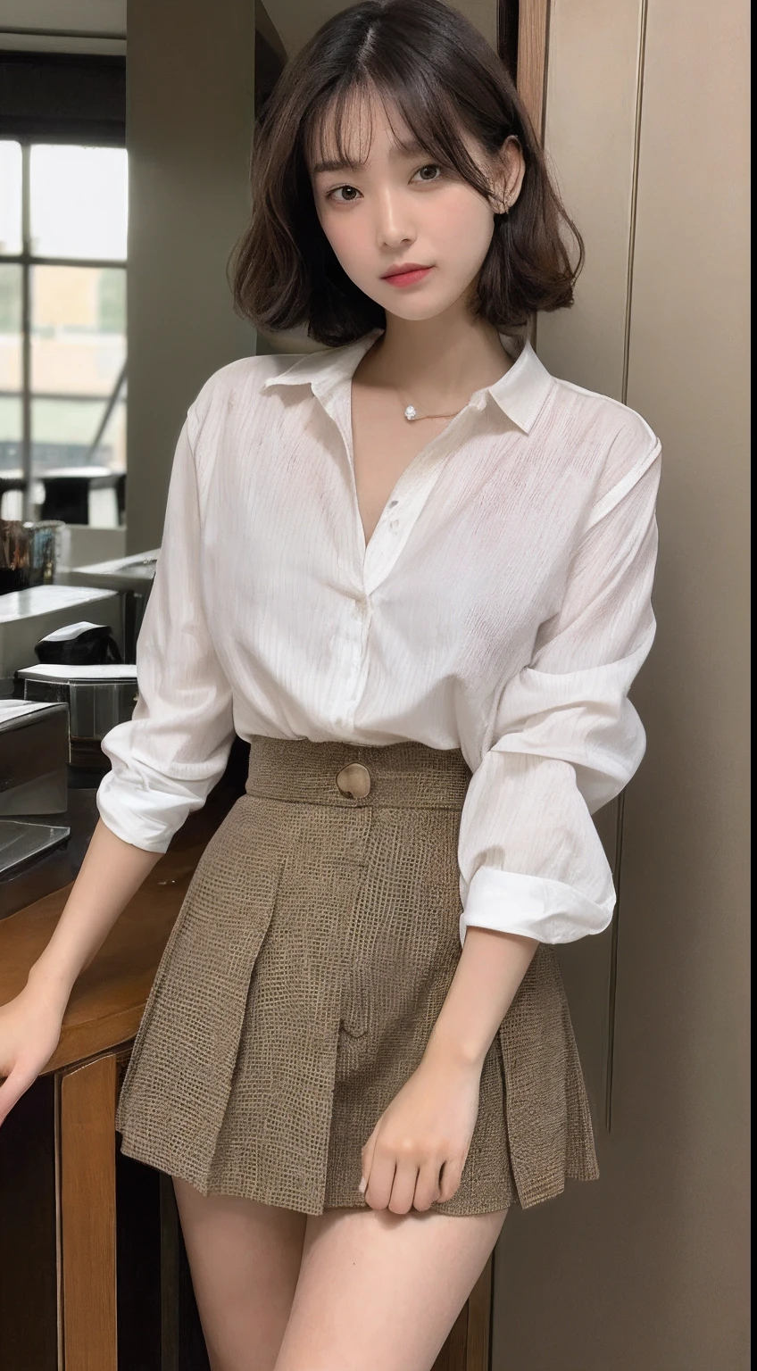 In the living room, white shirt, brown skirt, ((best quality, 8k, masterpiece: 1.3)), focus: 1.2, perfect body beauty: 1.4, buttocks: 1.2, (layered cut: 1.2), (highly detailed face and skin texture: 1.3), (brown curls, short hair: 1.2), full body, delicate eyes, whitened skin