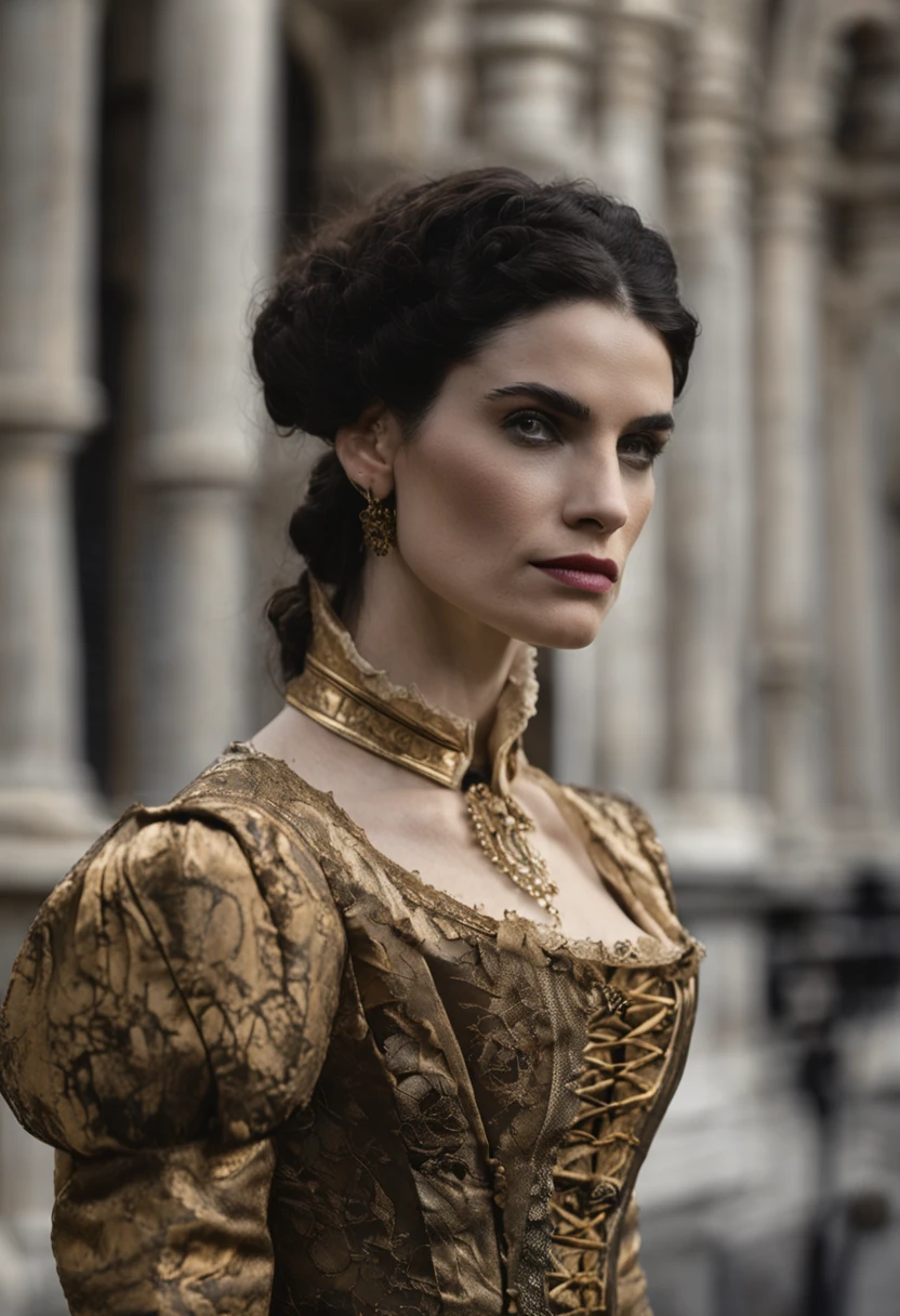 Charakter Mary Sibley, Salem, Schauspielerin Janet Montgomery strenges Kleid Halskrause Gothic-Stil, Goldene Schuhe Detaillierte Gesichtsmerkmale, Ultra-High-Quality-Modell, Cinematic surrealist portrait with large neck collar, Fujifilm GFX 16mm F4, fesselnd schwer, Filmische Aufnahme, warme gelbe, schwarze Farben, Satisfying atmosphere, Fesselnde Szene, Realistischer Aspekt, eindrucksvoll, High (Definition, resolution, Detailliert, uality Foto), fotorealistisch,