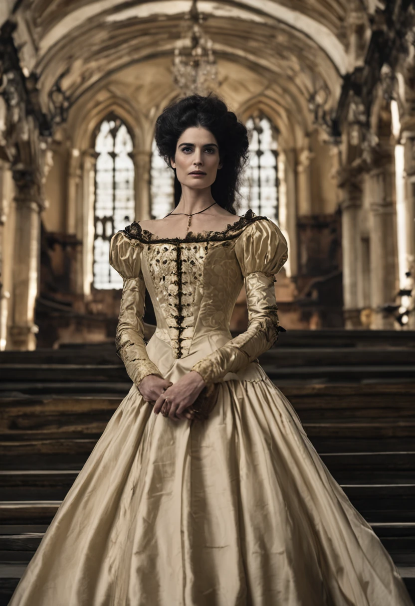 Charakter Mary Sibley, Salem, Schauspielerin Janet Montgomery strenges Kleid Halskrause Gothic-Stil, Goldene Schuhe Detaillierte Gesichtsmerkmale, Ultra-High-Quality-Modell, Cinematic surrealist portrait with large neck collar, Fujifilm GFX 16mm F4, fesselnd schwer, Filmische Aufnahme, warme gelbe, schwarze Farben, Satisfying atmosphere, Fesselnde Szene, Realistischer Aspekt, eindrucksvoll, High (Definition, resolution, Detailliert, uality Foto), fotorealistisch,