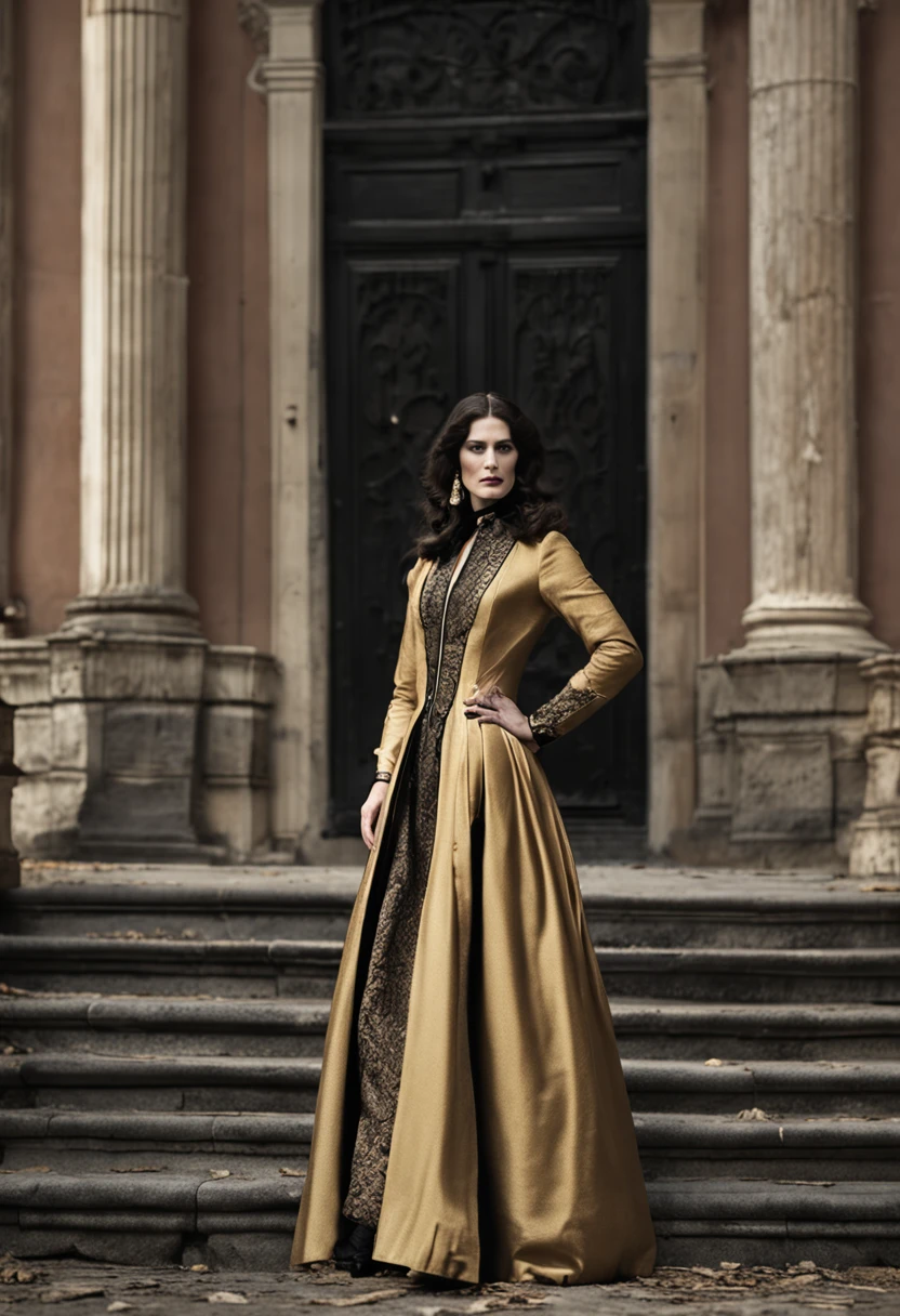 Charakter Mary Sibley, Salem, Schauspielerin Janet Montgomery strenges Kleid Halskrause Gothic-Stil, Goldene Schuhe Detaillierte Gesichtsmerkmale, Ultra-High-Quality-Modell, Cinematic surrealist portrait with large neck collar, Fujifilm GFX 16mm F4, fesselnd schwer, Filmische Aufnahme, warme gelbe, schwarze Farben, Satisfying atmosphere, Fesselnde Szene, Realistischer Aspekt, eindrucksvoll, High (Definition, resolution, Detailliert, uality Foto), fotorealistisch,