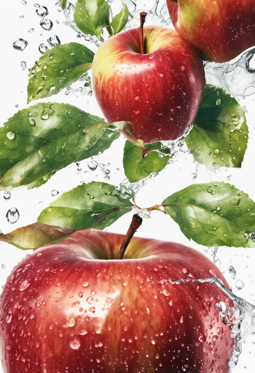 Real photography of 3 apples falling into water and splashing with water droplets. Commercial advertising style, macro shot, background, warm lighting, cool colors creating splash effect. The cherry is dotted with white light spots, and the cherry falls from above, forming a splashing liquid water ball. HD photography quality.