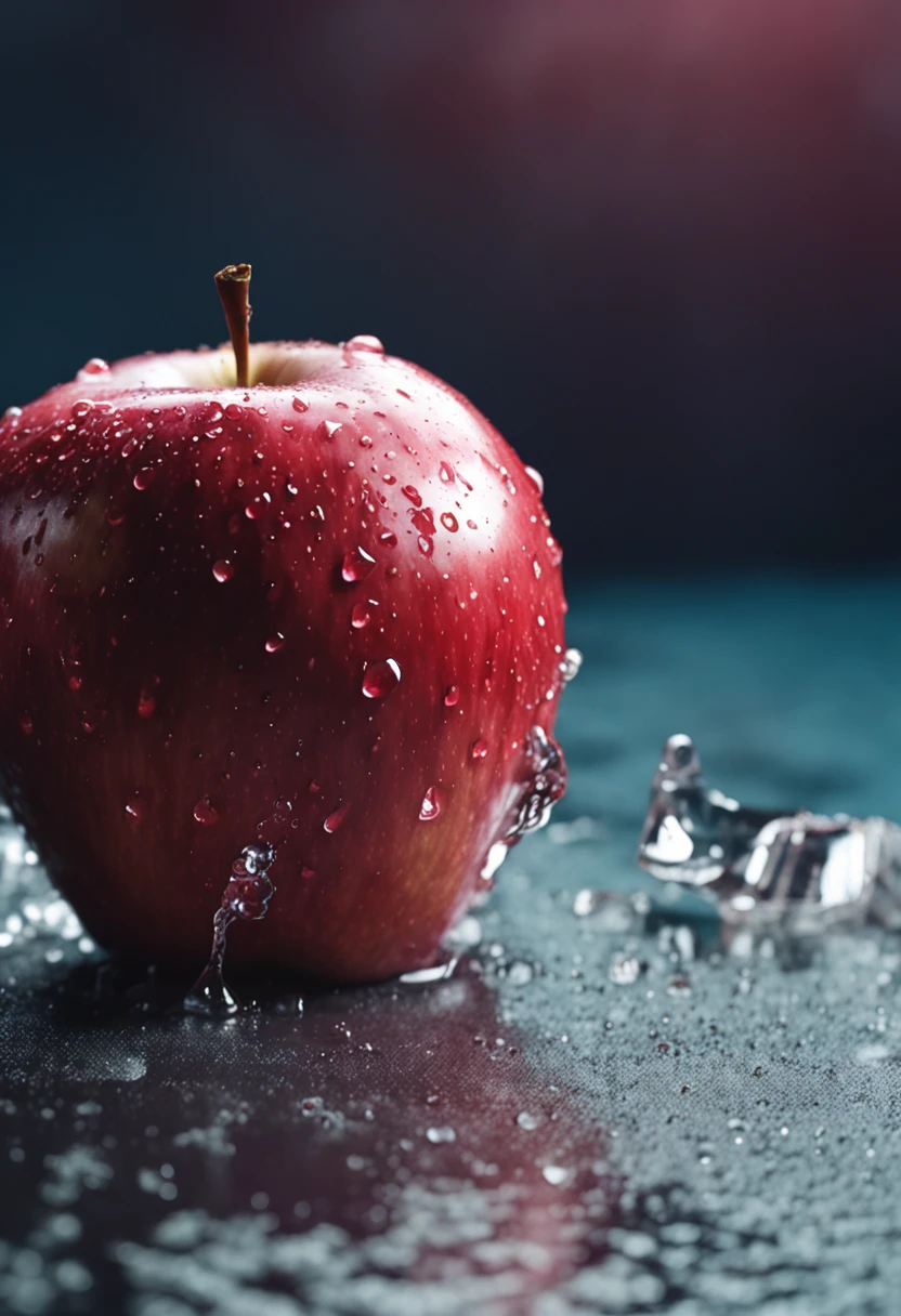 one Red apple with water drops, Watercolor, white background, fold