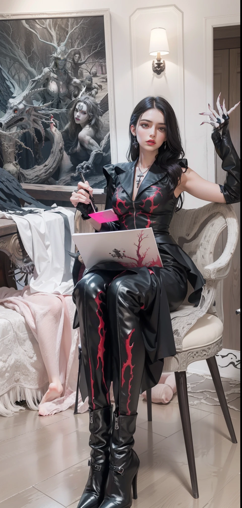 Fine matte paint，Skeleton Dark Angel，Haunted castle with large wings, Fill the drawing table with a knife，terroral，uncanny，horrid，secret terror，tentaculata，grape trees，The eye，uncanny valley effect teeth，all  fours，Critters，Blood Moon，Woman's carcass，body art，Sexy beauty，8K，Blu-ray quality，Stunning graphics，hight contrast，Bright colors，