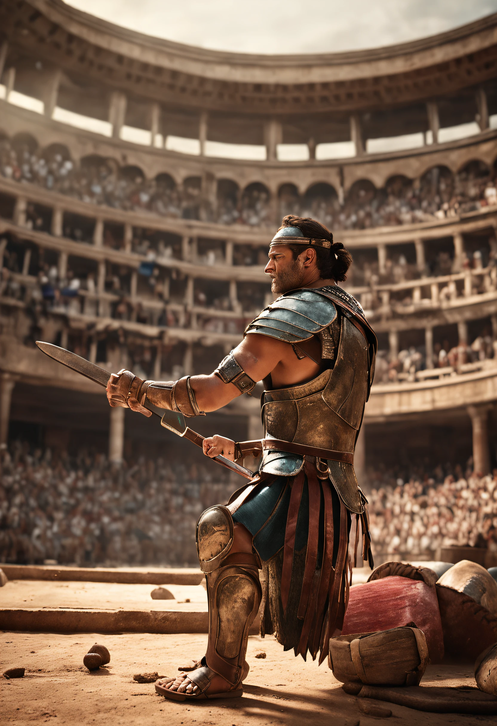 Create an ultra-realistic, high-resolution image, capturing a live gladiator match from the perspective of a fan sitting in the Colosseum. Incorporate fine details, true-to-life colors, and high-resolution textures to create a highly realistic representation of a gladiator match as experienced by a spectator in ancient Rome