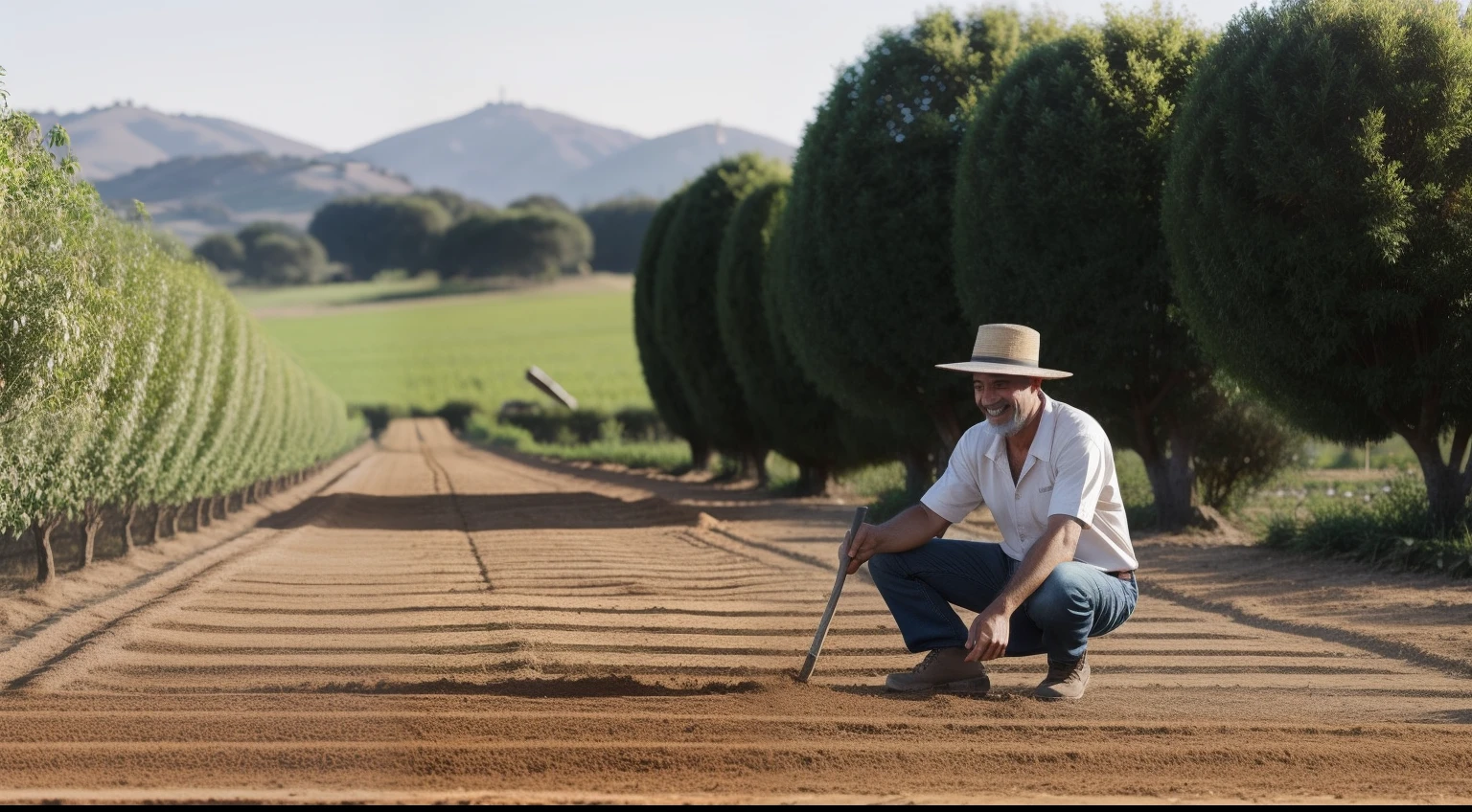 A scene in which the oriental white man is engaged in agricultural activities, ajudando a plantar sementes nos jardins da aldeia. His smile and determination show how he continues to share his generosity and knowledge to improve the lives of those around him.