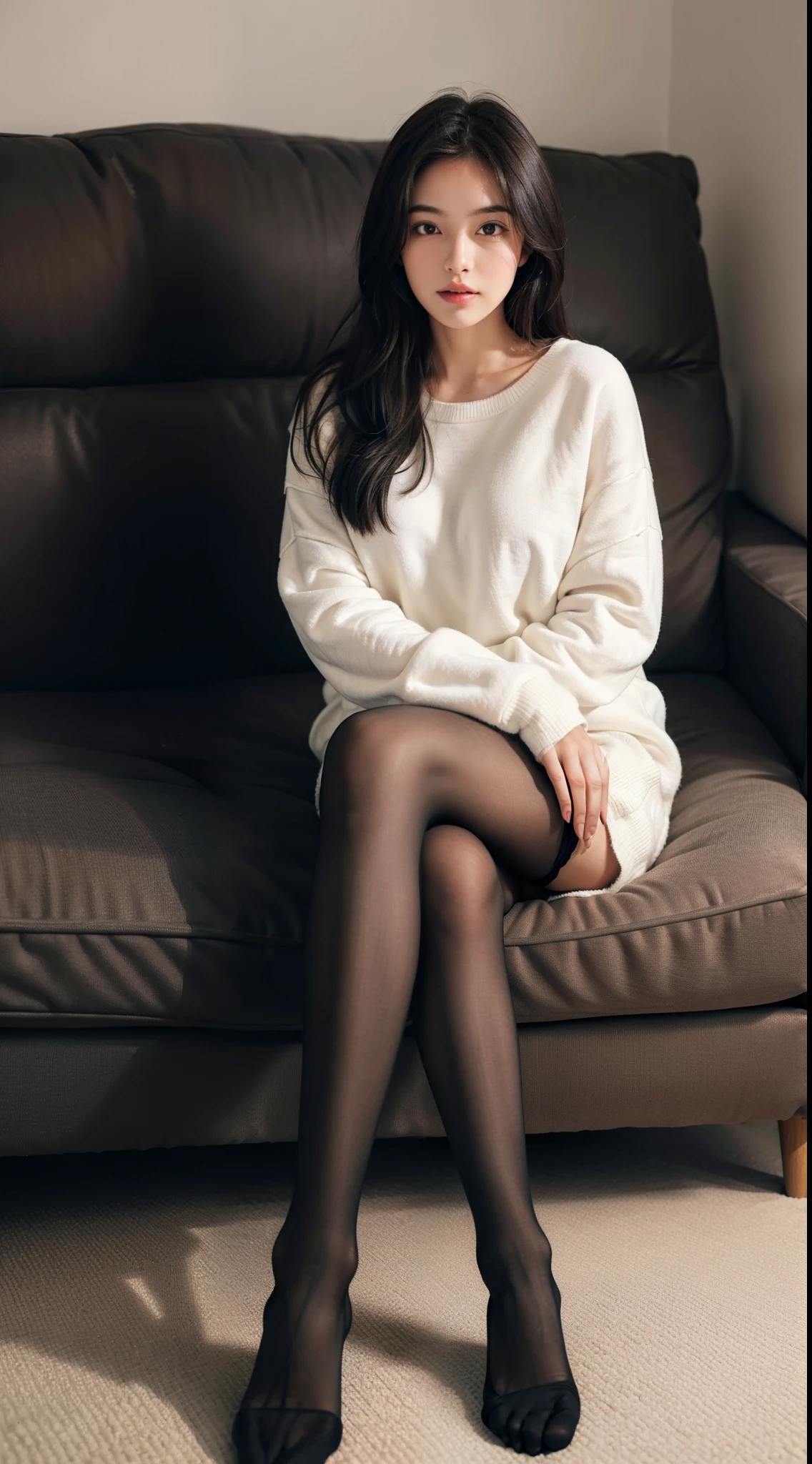 Show entire body, feet in view, 1girl, sitting on a cozy couch, crossing legs, oversized sweatshirt, pantyhose, no shoes, soft light