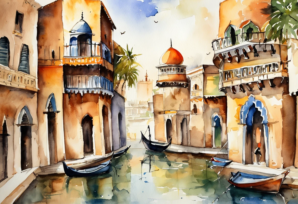 the city of Algiers in 1516, the casbah dominates the city, the port, the sailboats, the mosque, the minarets intense activity in the port and the public square at the foot of the mosque