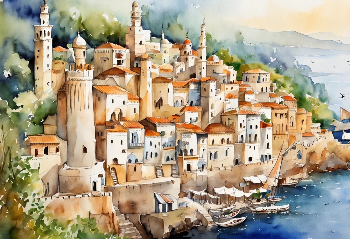 the city of Algiers in 1516, the casbah dominates the city, the port, the sailboats, the mosque, the minarets intense activity in the port and the public square at the foot of the mosque