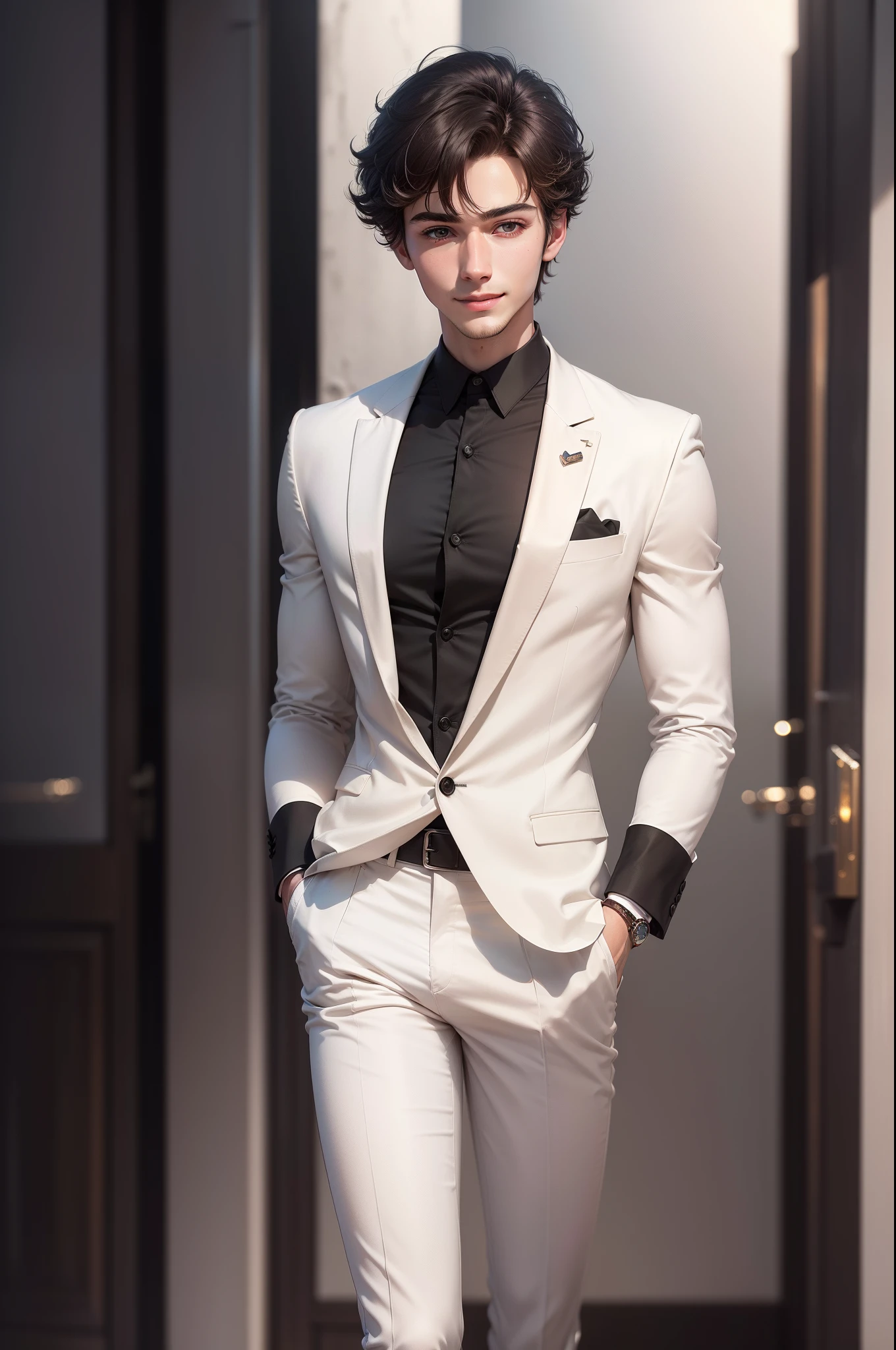 ((Best Quality, 8k, Masterpiece: 1.3)), 1 boy, smile, full body, slim face, pretty man, short dark brown hair, white crisp shirt on upper body, black straight suit pants on upper body, super detailed face, detailed eyes, double eyelids, blurred background, slim face, tall building