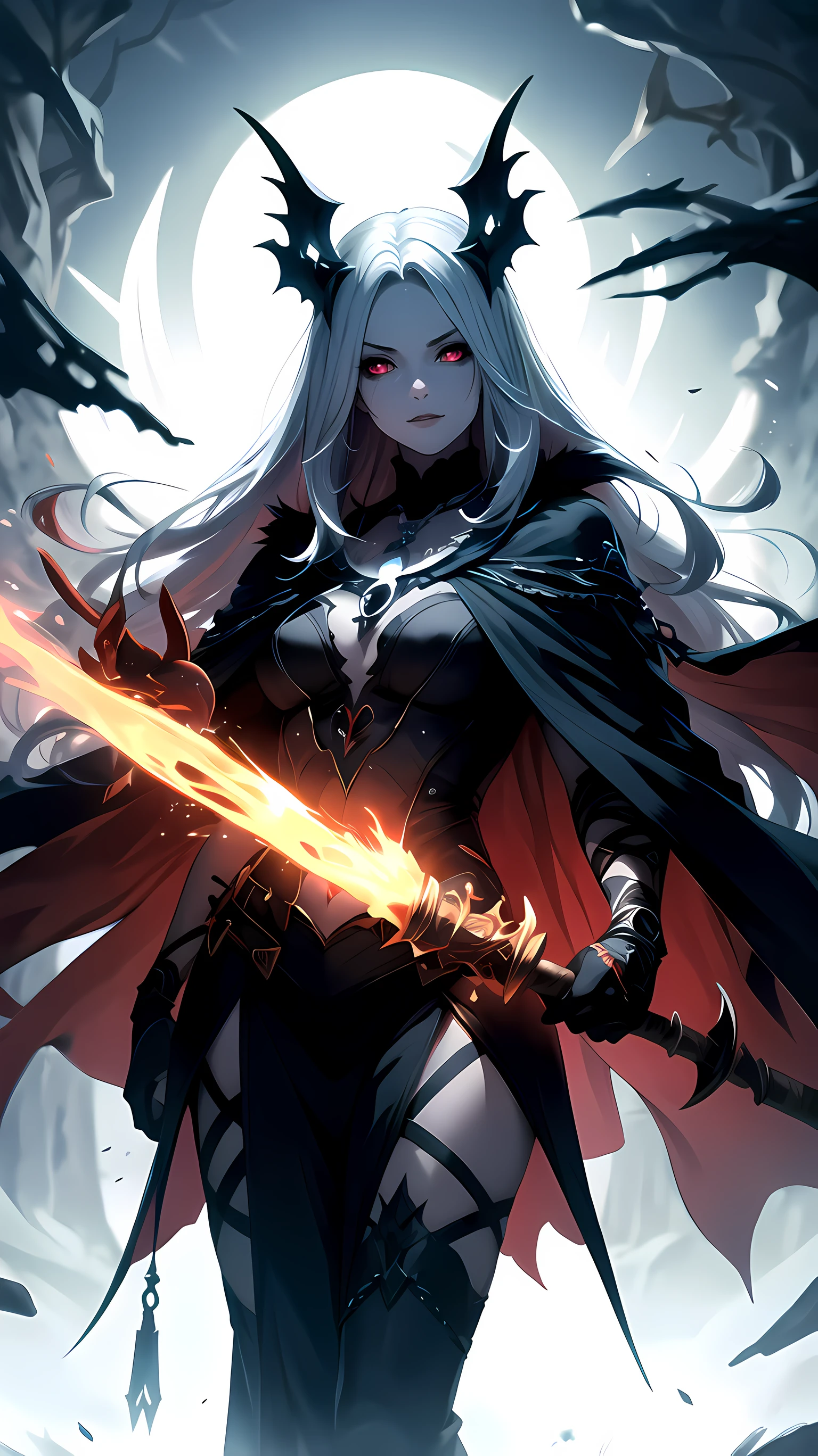 BREAK, master piece,Best quality, hyper detailed,8K resolution, octane render, bioluminescent, perfect female anatomy, perfect composition
BREAK Create an image of a strikingly beautiful necromancer dressed in a dark cloak, holding a bone magic staff with a skull on the top adorned with glowing red eyes. The necromancer emanates a sense of power and intimidation, with a dark aura surrounding her. Her face is pale and serene, with piercing green eyes that seem to glow in the darkness.
BREAK The necromancer's cloak is long and flowing, and it billows behind her as she moves, adding to her mystique. The cloak has intricate black embroidery around the edges, and it shimmers slightly in the low light. Her hands are adorned with silver rings, and her necklace is a black cord with a single black gemstone.
BREAK The bone magic staff is ornately carved, with intricate bone designs and a skull on the top adorned with red glowing eyes. The staff seems to pulse with dark magic and energy, and it gives the necromancer an even greater sense of power and intimidation.
BREAK The background is dark and foreboding, with shadows and mist swirling around the necromancer. The scene exudes a sense of danger and mystery, with the necromancer appearing as both otherworldly and alluring