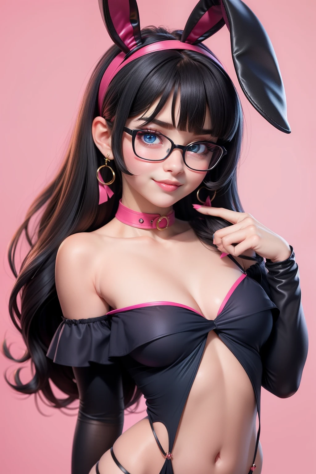 1girl, cute japanese girl, big eyes, sexy face, seductive smile, solo, stylist long hair, bangs, see through, hot erotic dress, thin short white clothes, navel, neon aqua eyes, double eyelids, pink perfect areolae, wear gamer headset, cat ears headset, sexy gamer girl, collar, collarbone, red sensual lips, off shoulder, natural small breast, flat chest, cleavage, show her underboobs, erotic, nsfw, glasses, blush, seductive smile, cute face, looking at viewer, sexy pose, bright green flat background, dark black hair, simple background, sexy pose, lips, closed mouth, ribbon, hair ribbon, stellar earings, bangs, upper body, parted bangs, red ribbon