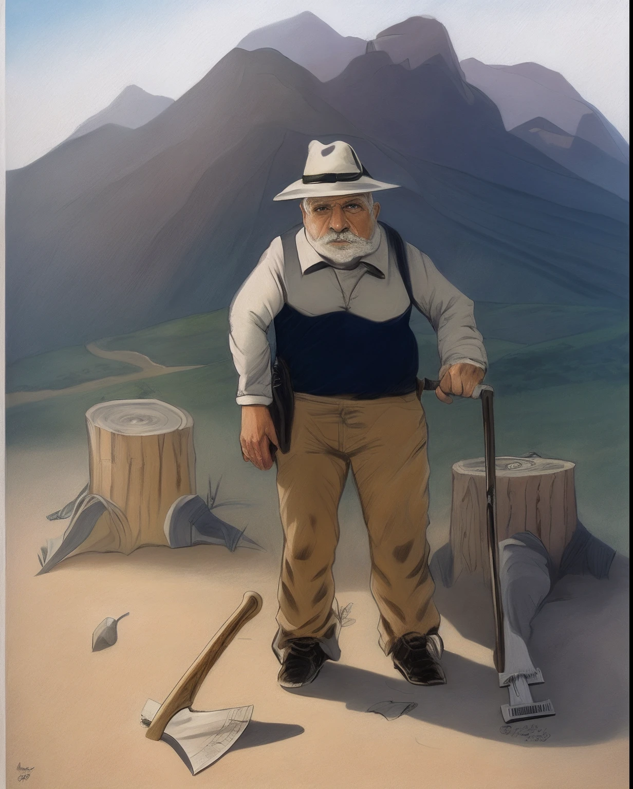 MASTERPIECE, HIGH DETAILED IMAGES, HIGH QUALITY IMAGES, PERFECT FACE, REALISTIC drawing of a man with a hat and a cane standing on the ground, REALISTIC DRAWING OF AN AXE ON THE GROUND , explorador, desenho realista profissional, desenho realista do explorador, realistic illustration, inspirado em Thomas Nast, desenho realista do artista, Realistic full-page illustration, Desenhado no estilo de Mark Arian, Directed by: Free Pejic, inspirado em Ernest Buckmaster, (inktober), inspirado em Charles Marion Russell
